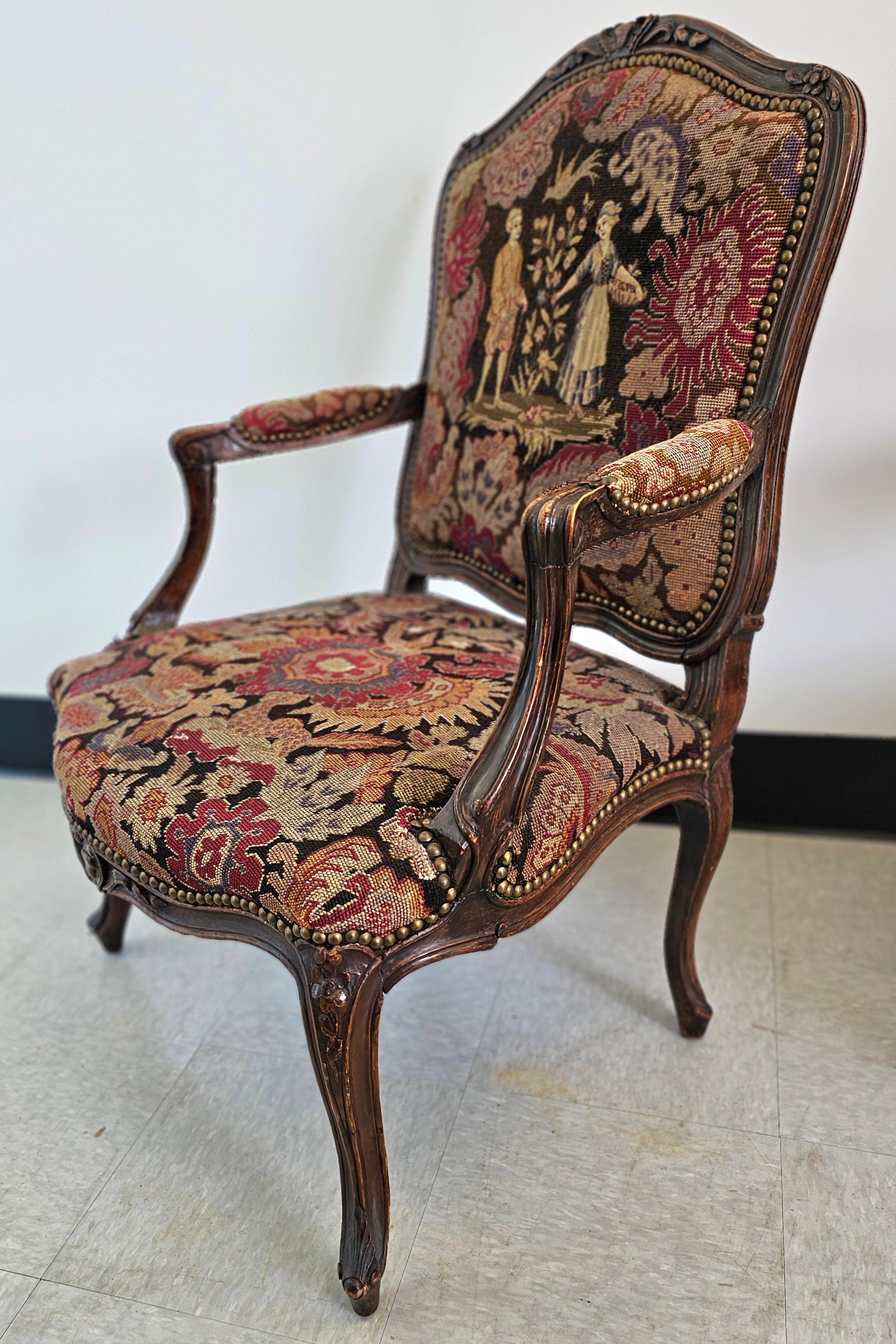 19th C. French Louis XV Style Mahogany and Needlepoint Tapestry Fauteuils, Pair For Sale 2