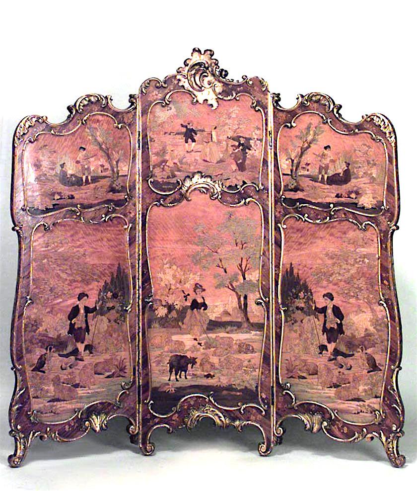 French Louis XV style (19th Century) 3 fold screen with inlaid scenes and gilt trim.
