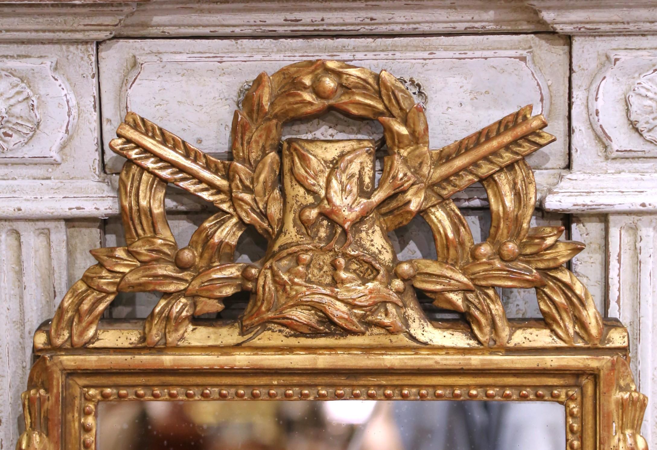 Hand-Carved 19th C. French Louis XVI Carved Giltwood Mirror with Quiver and Laurel Crest For Sale