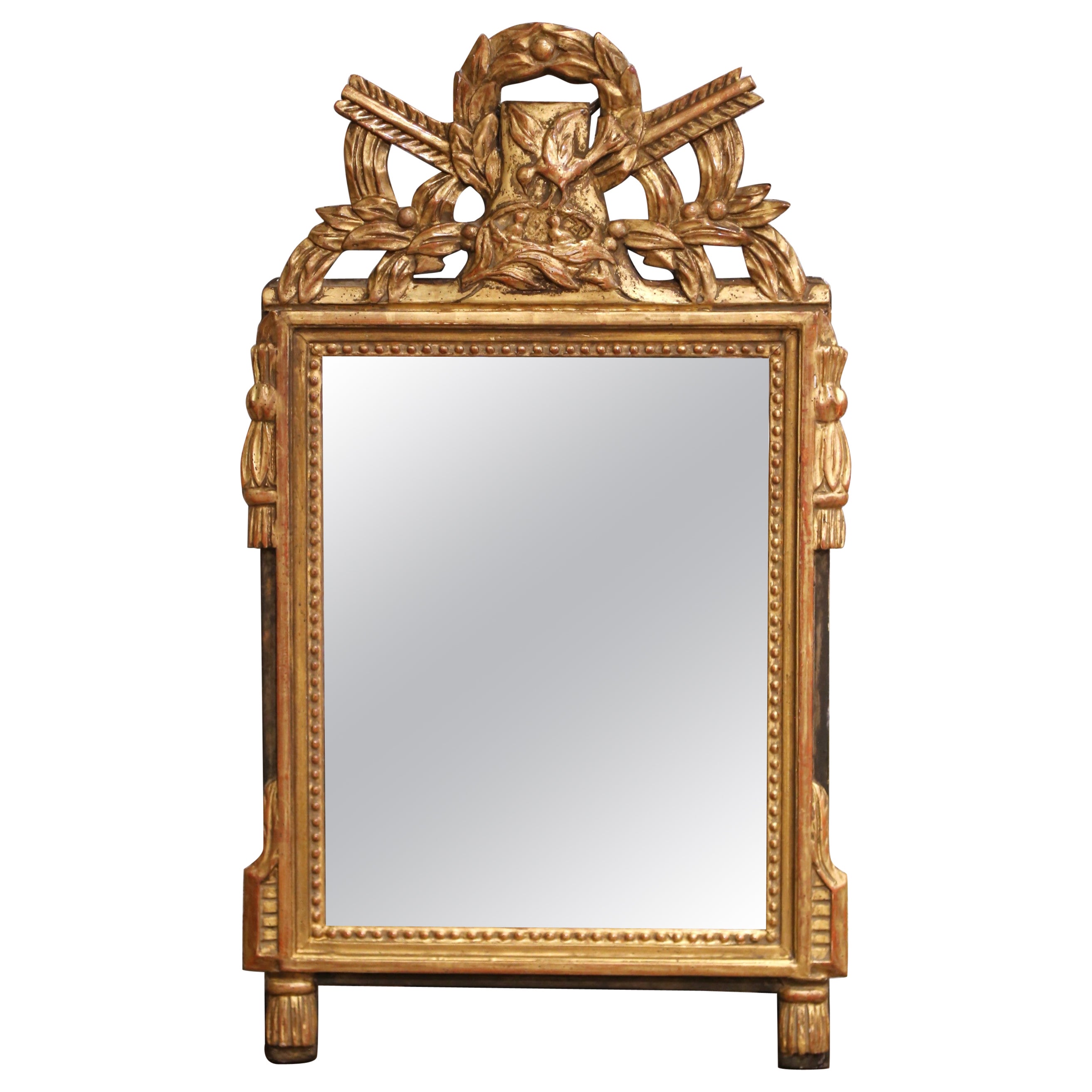19th C. French Louis XVI Carved Giltwood Mirror with Quiver and Laurel Crest For Sale