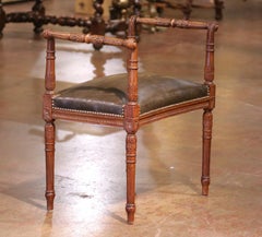 19th C. French Louis XVI Carved Walnut Piano Bench with Leather Seat