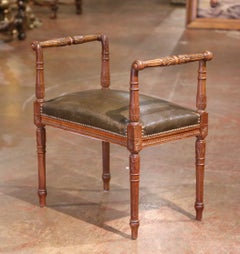 19th C. French Louis XVI Carved Walnut Piano Bench with Leather Seat