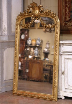 19th C. French Louis XVI Giltwood Mirror with Shield Crest and Floral Garland