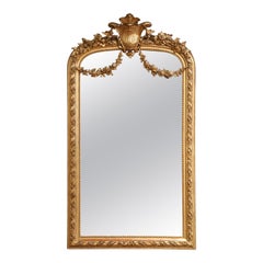 19th C. French Louis XVI Giltwood Mirror with Shield Crest and Floral Garland