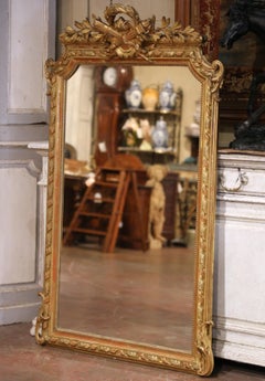 19th C. French Louis XVI Giltwood Wall Mirror with Laurel and Ribbon Crest