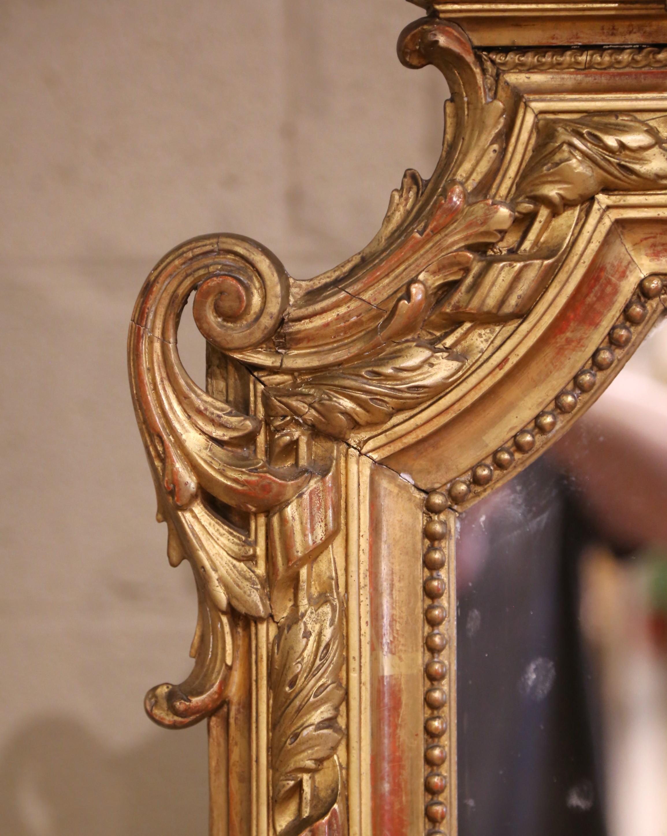 Hand-Carved 19th C. French Louis XVI Giltwood Wall Mirror with Laurel and Ribbon Crest For Sale