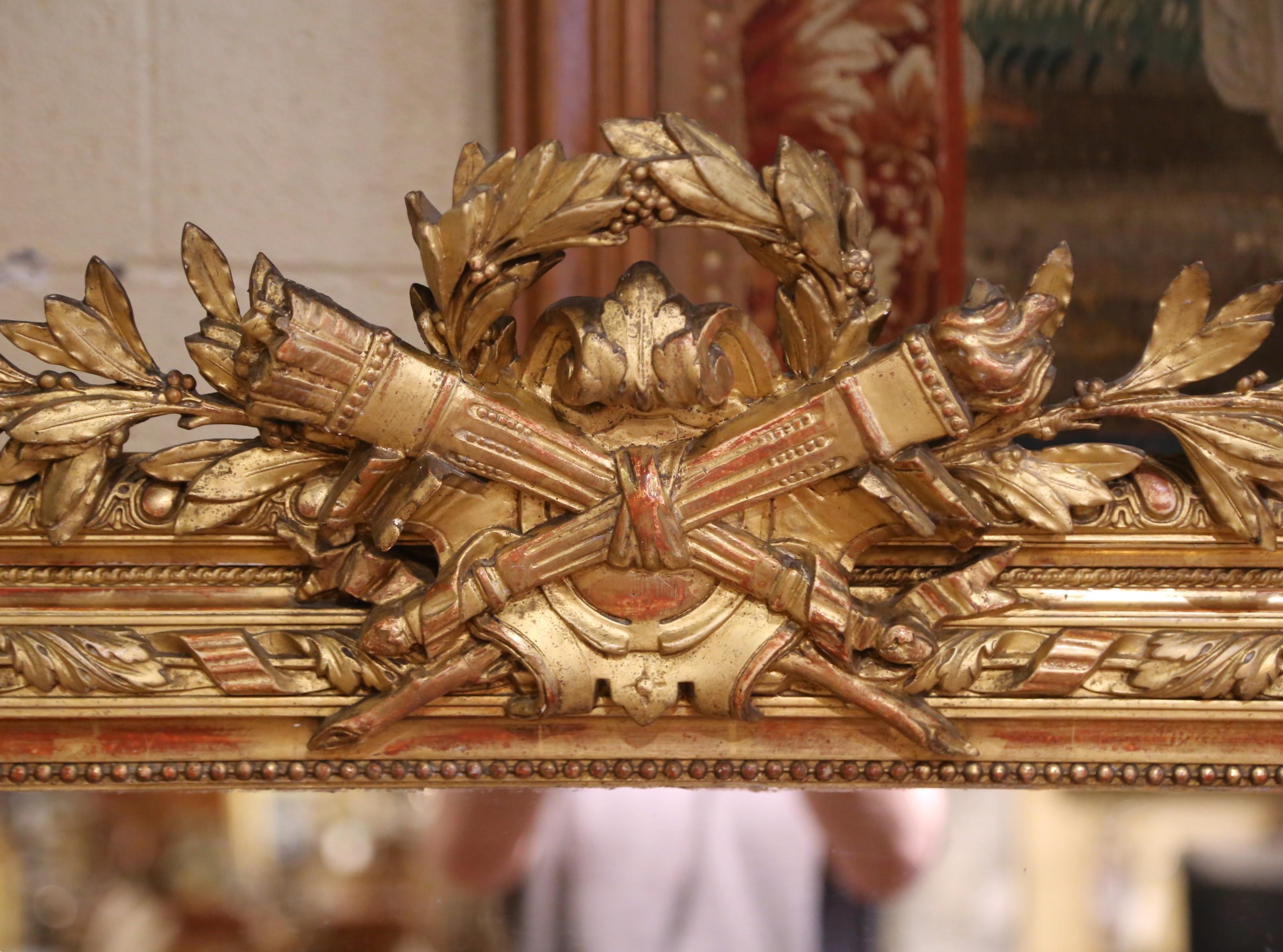 19th C. French Louis XVI Giltwood Wall Mirror with Laurel and Ribbon Crest In Excellent Condition For Sale In Dallas, TX