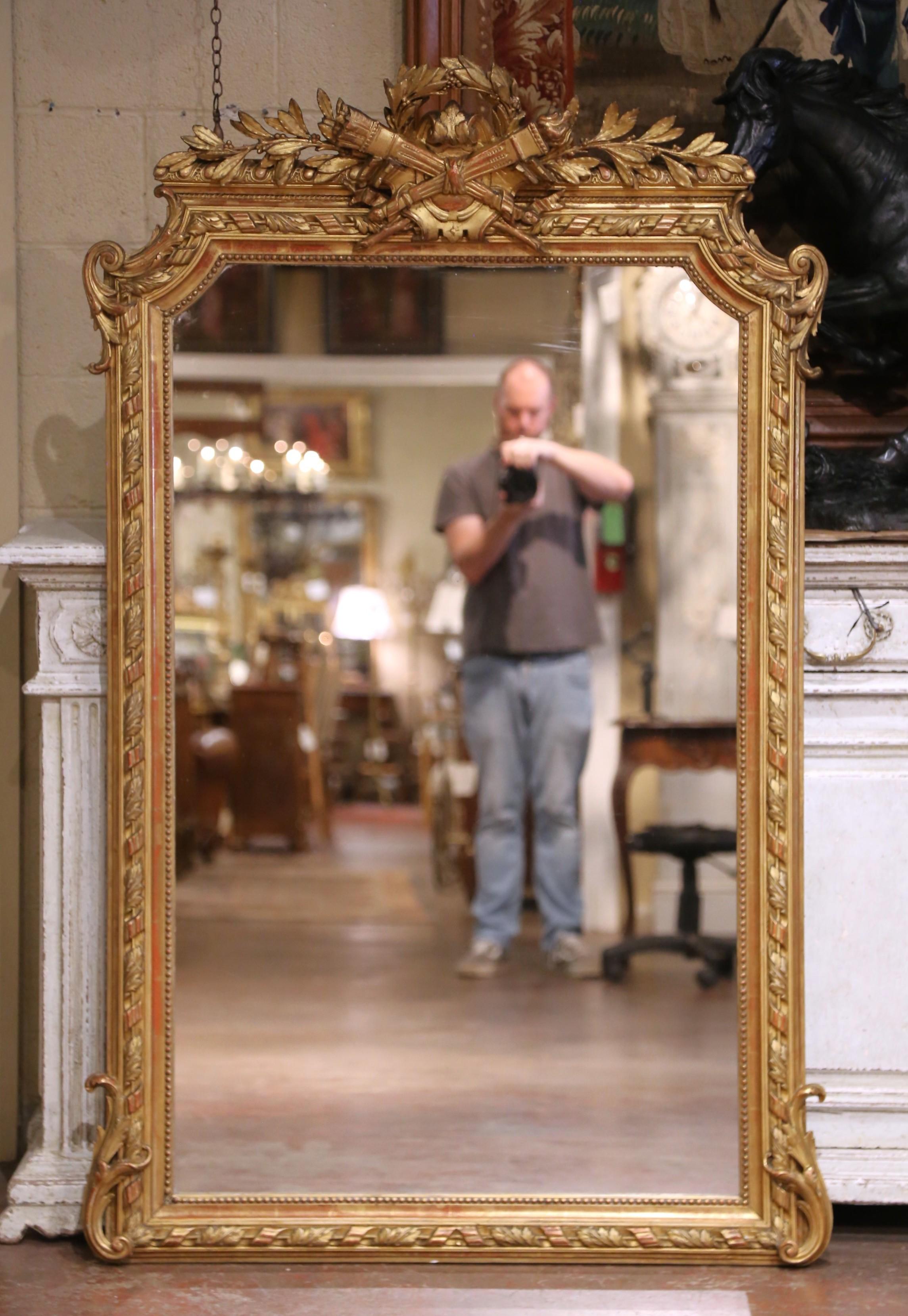 19th Century 19th C. French Louis XVI Giltwood Wall Mirror with Laurel and Ribbon Crest For Sale
