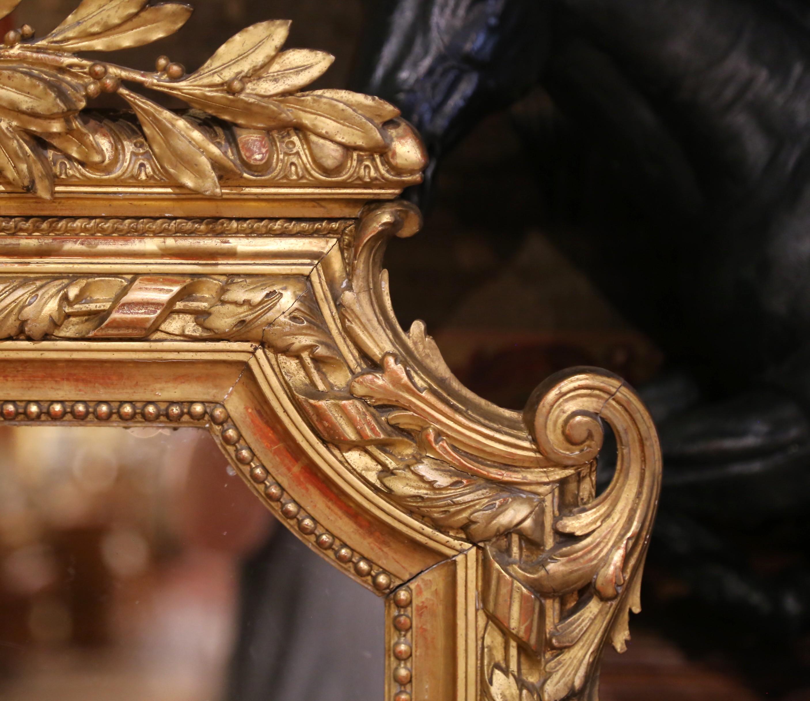 Mercury Glass 19th C. French Louis XVI Giltwood Wall Mirror with Laurel and Ribbon Crest For Sale