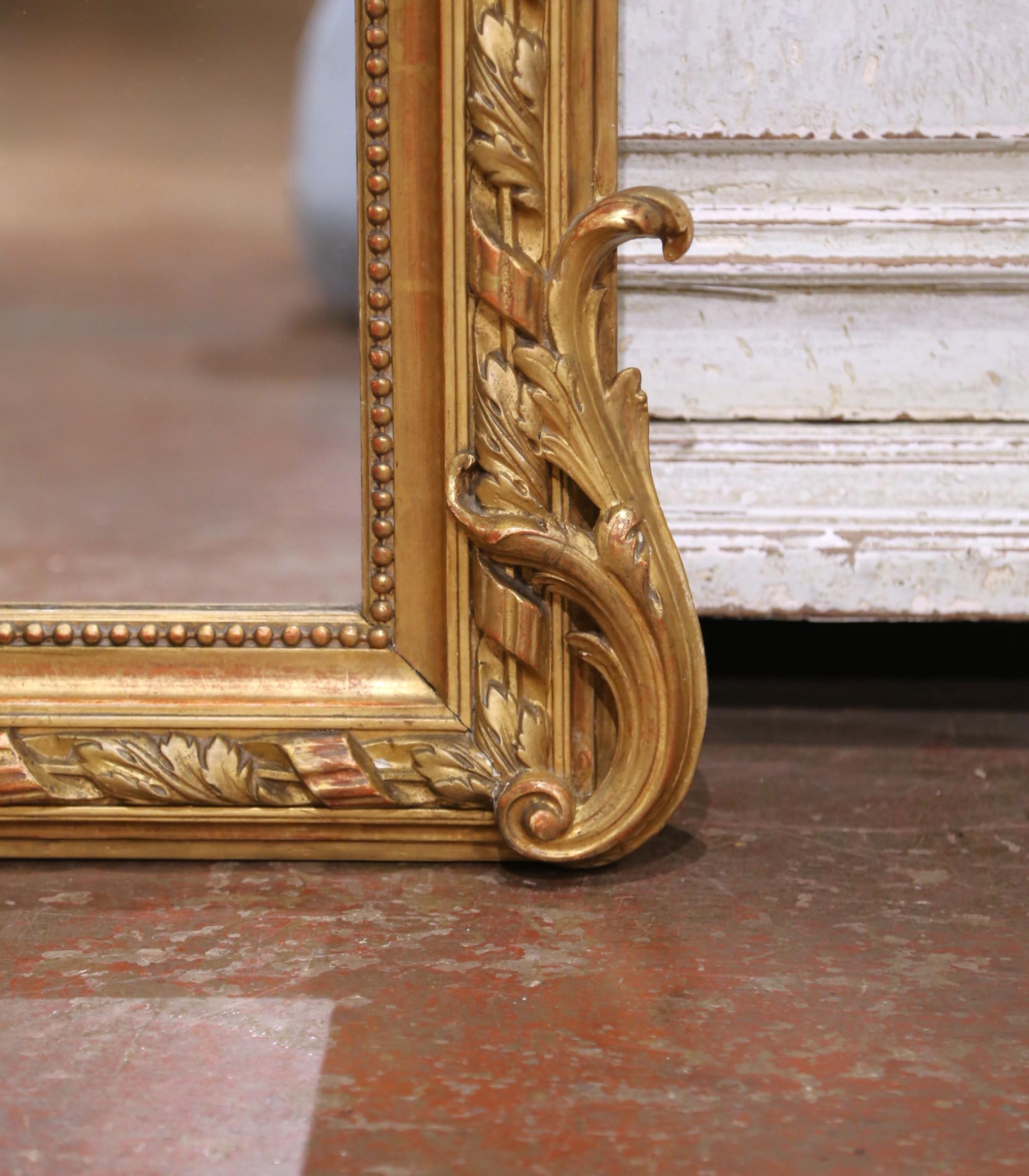 19th C. French Louis XVI Giltwood Wall Mirror with Laurel and Ribbon Crest For Sale 1