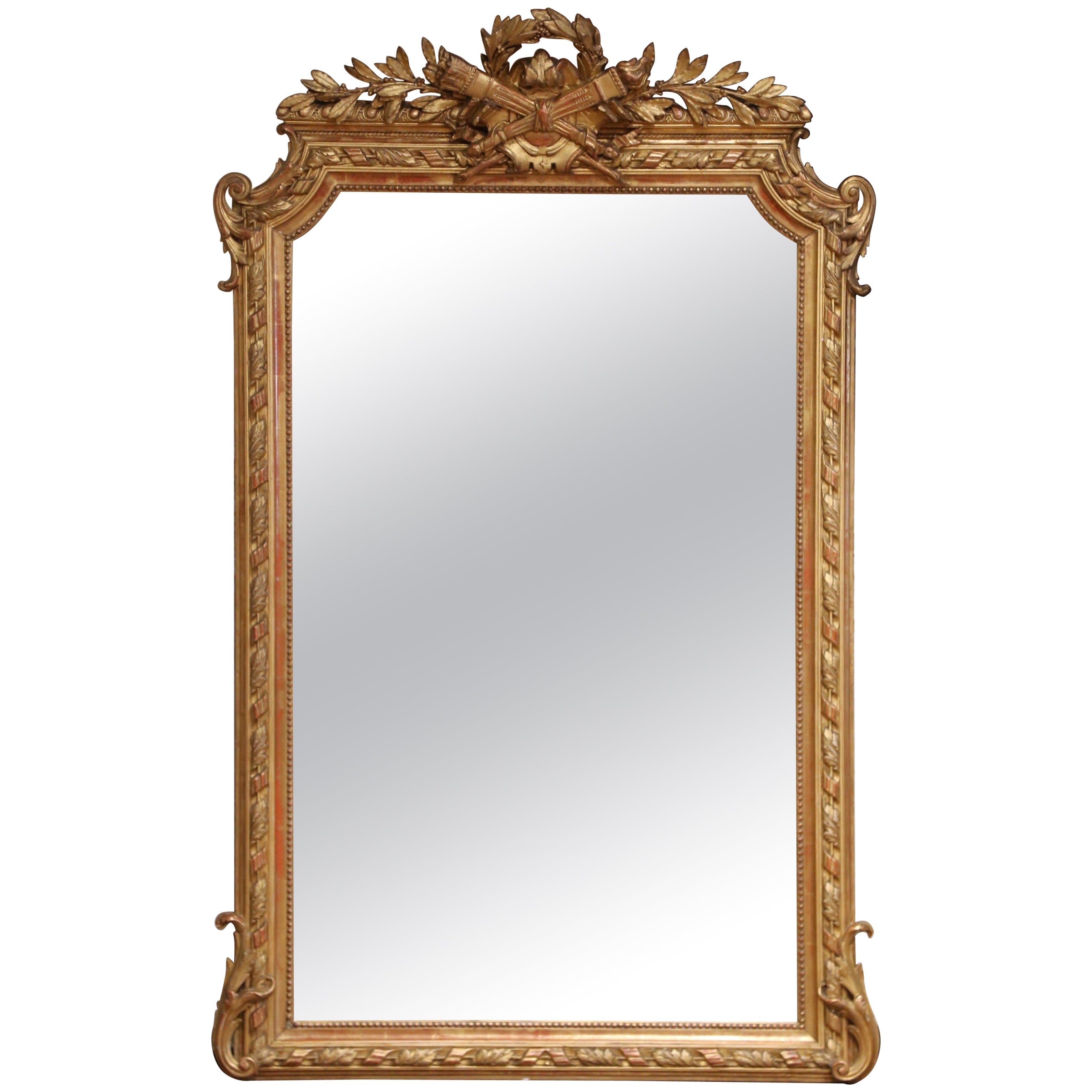19th C. French Louis XVI Giltwood Wall Mirror with Laurel and Ribbon Crest For Sale