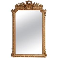 Antique 19th C. French Louis XVI Giltwood Wall Mirror with Laurel and Ribbon Crest