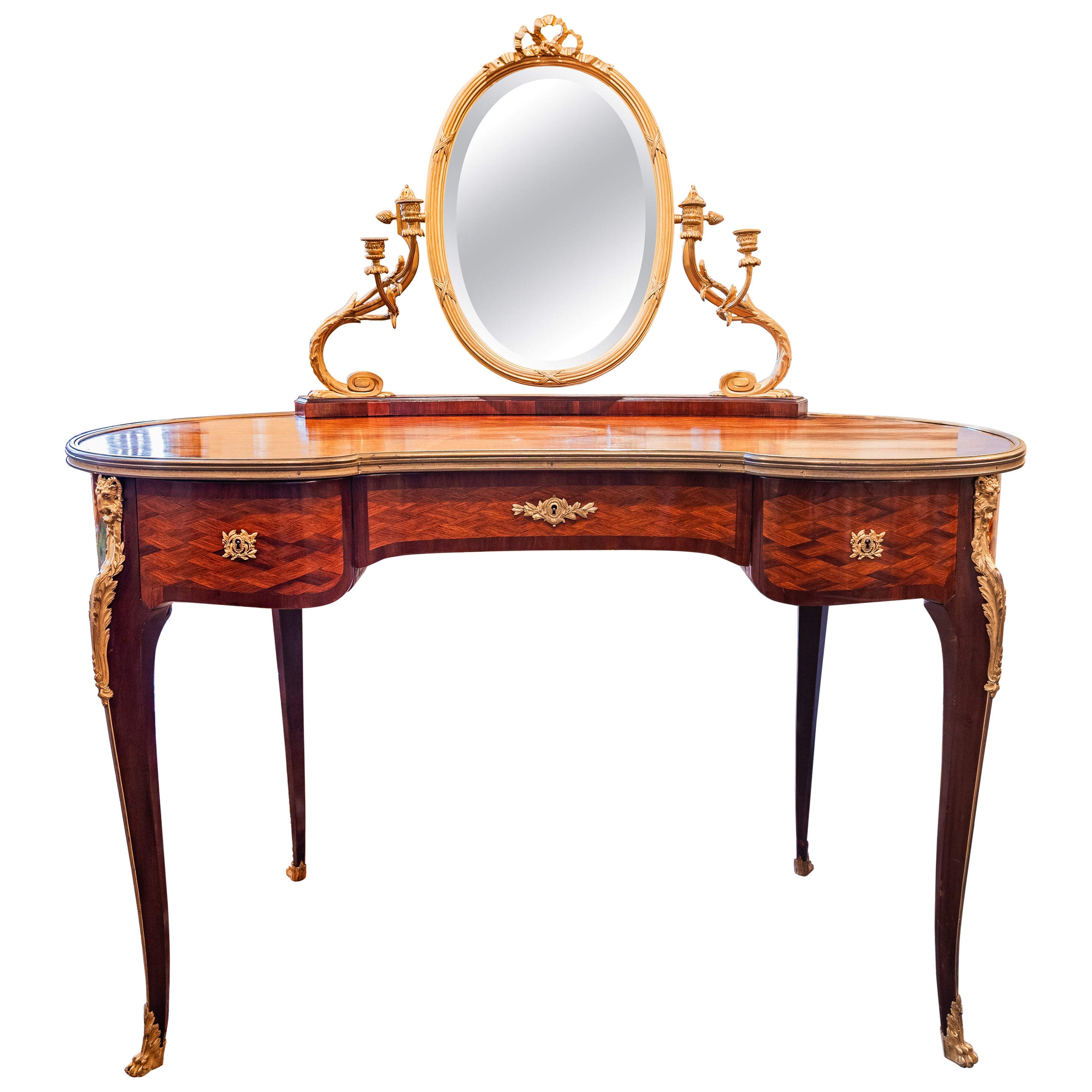 19th c French Louis XVI kingwood parquetry dressing table. Gilt bronze mounts