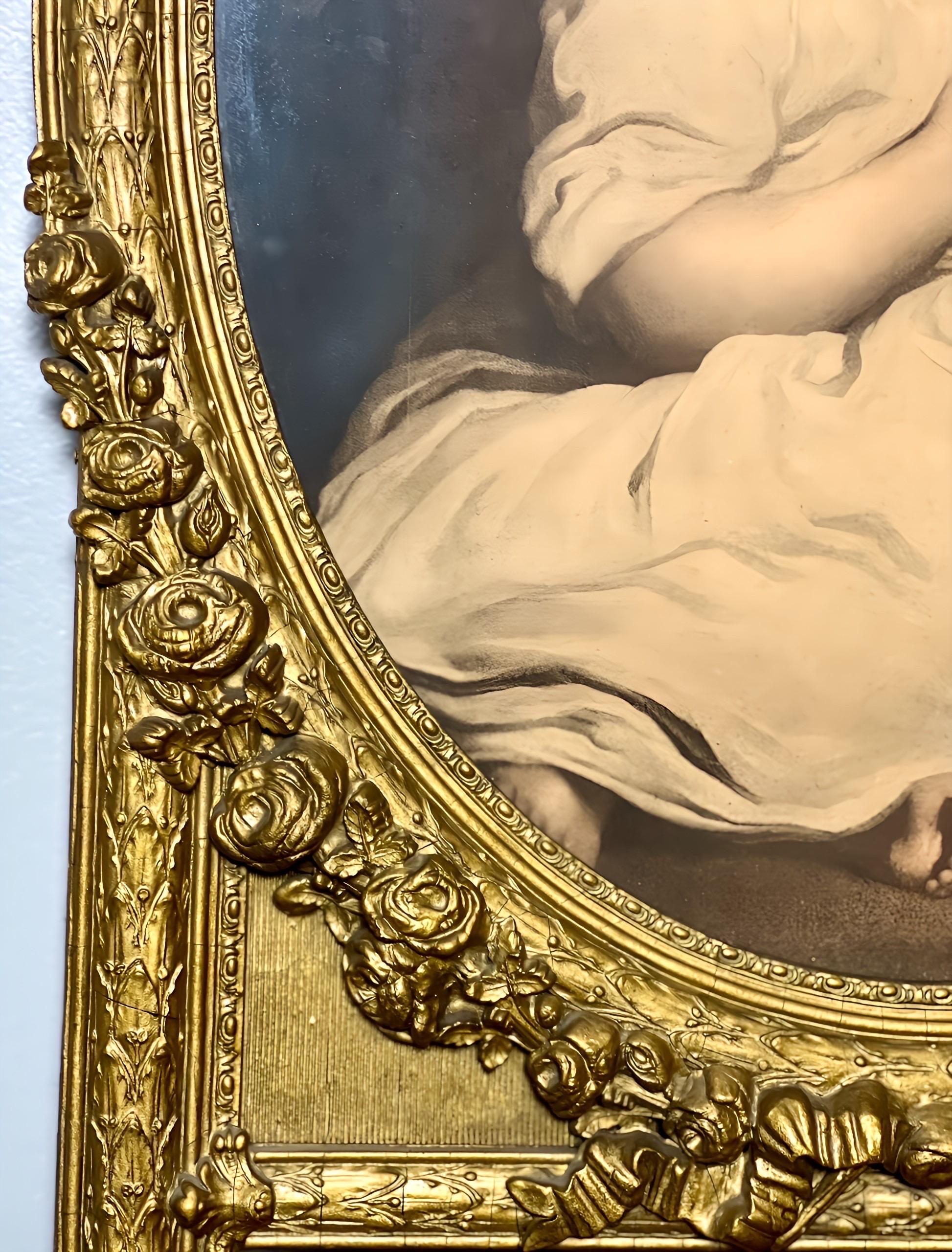 Miroir Trumeau Louis XVI du 19ème siècle en bois doré étroit avec lithographie d'une fille en vente 6