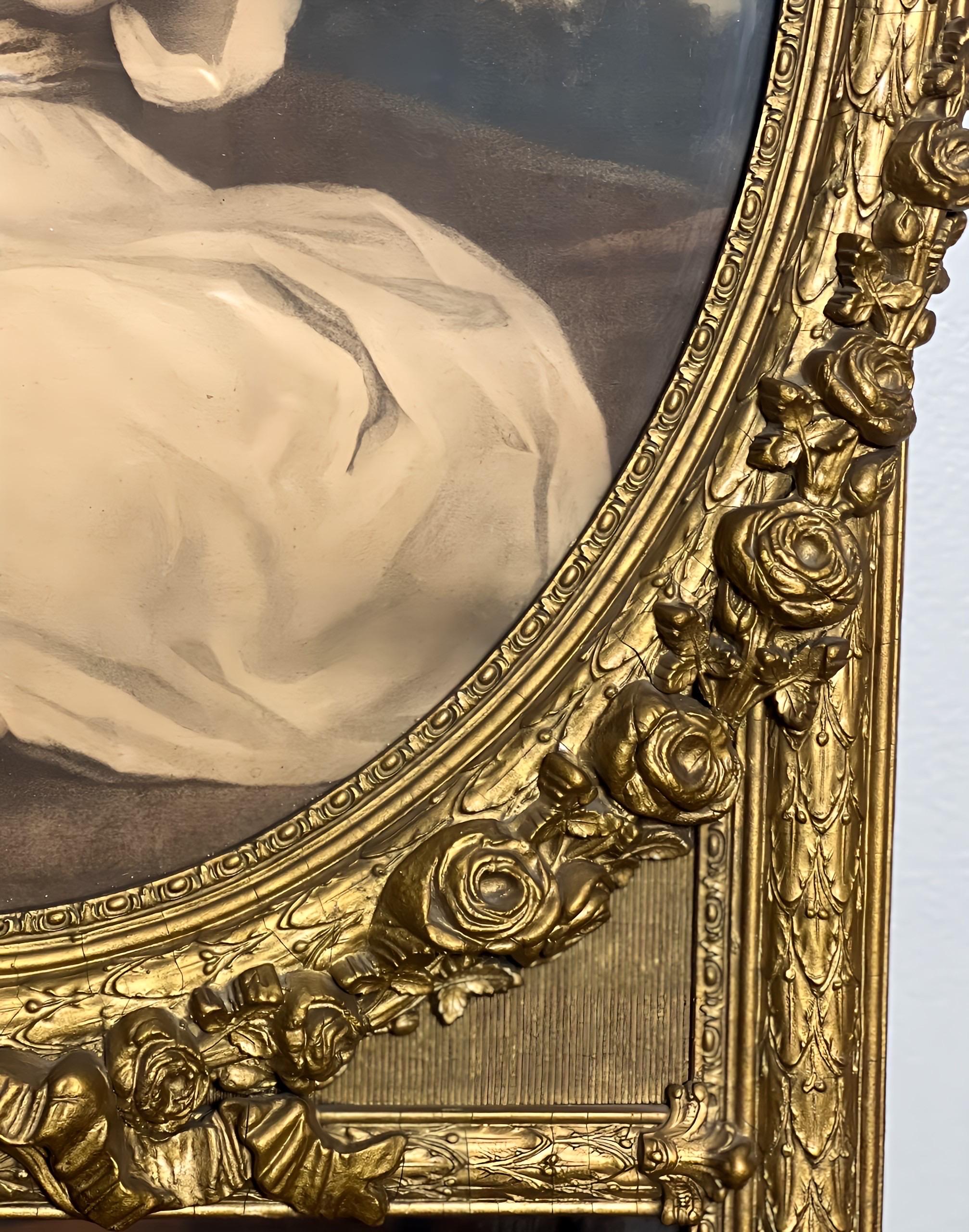 Miroir Trumeau Louis XVI du 19ème siècle en bois doré étroit avec lithographie d'une fille en vente 7