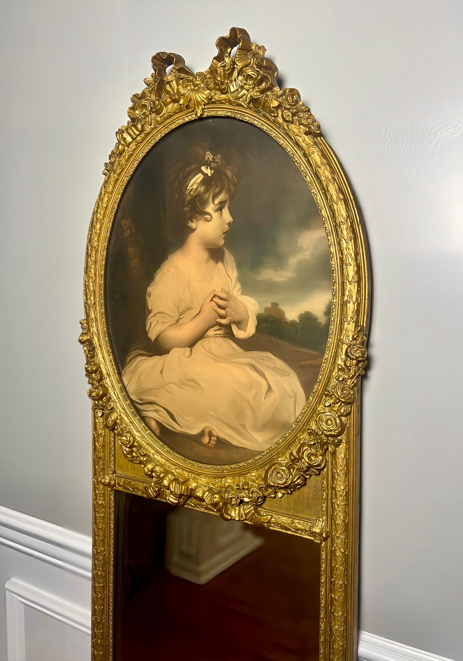 Miroir Trumeau Louis XVI du 19ème siècle en bois doré étroit avec lithographie d'une fille en vente 11