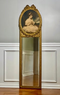 19th C. French Louis XVI Narrow Giltwood Trumeau Mirror with Lithograph of Girl