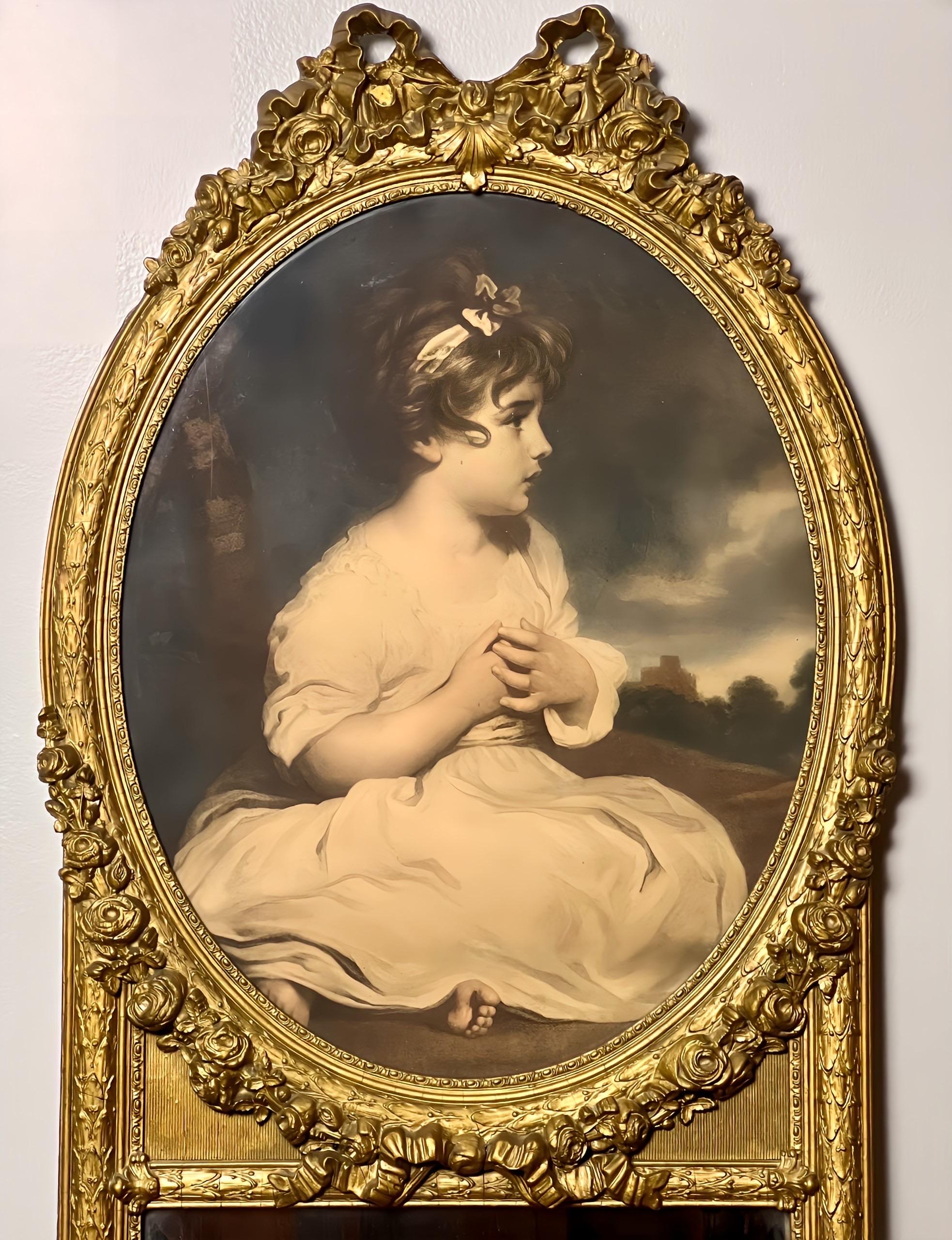 Miroir Trumeau Louis XVI du 19ème siècle en bois doré étroit avec lithographie d'une fille Bon état - En vente à Doylestown, PA