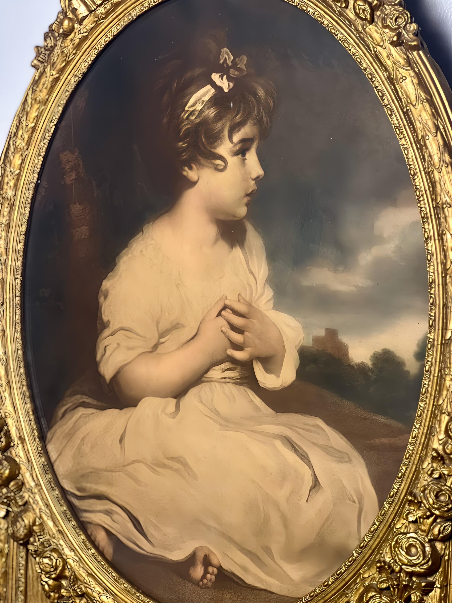 XIXe siècle Miroir Trumeau Louis XVI du 19ème siècle en bois doré étroit avec lithographie d'une fille en vente
