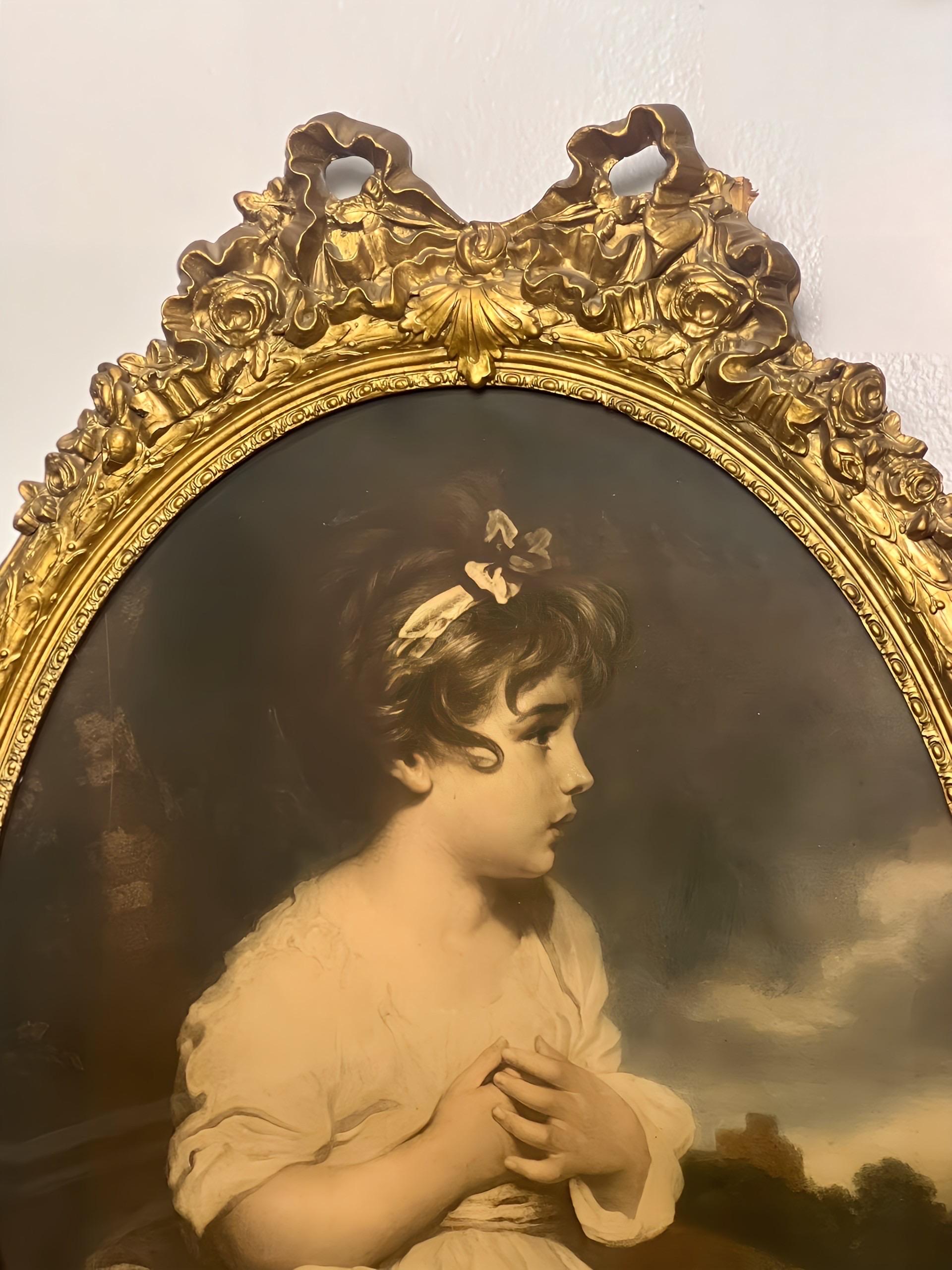 Miroir Trumeau Louis XVI du 19ème siècle en bois doré étroit avec lithographie d'une fille en vente 1
