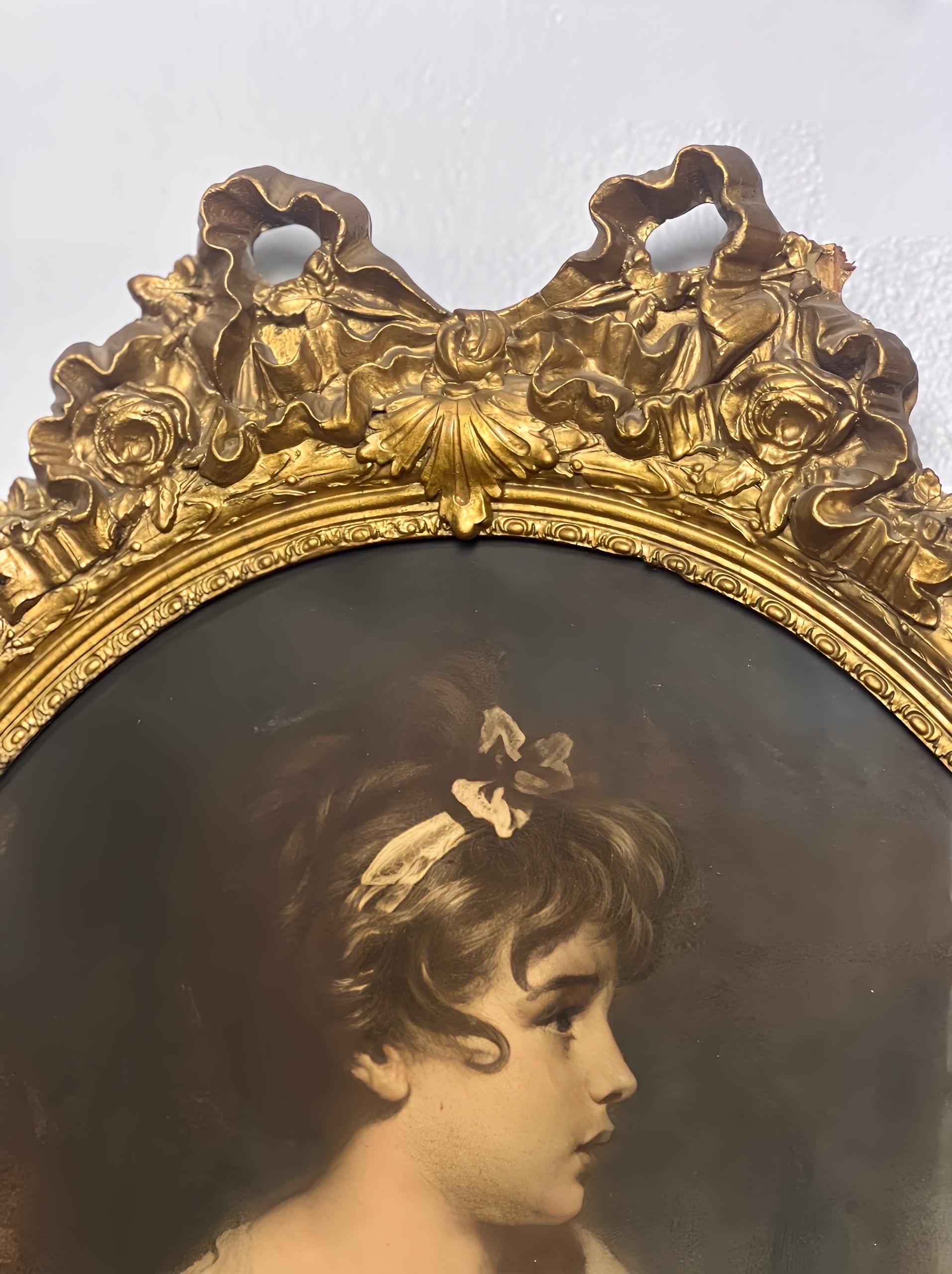 Miroir Trumeau Louis XVI du 19ème siècle en bois doré étroit avec lithographie d'une fille en vente 2