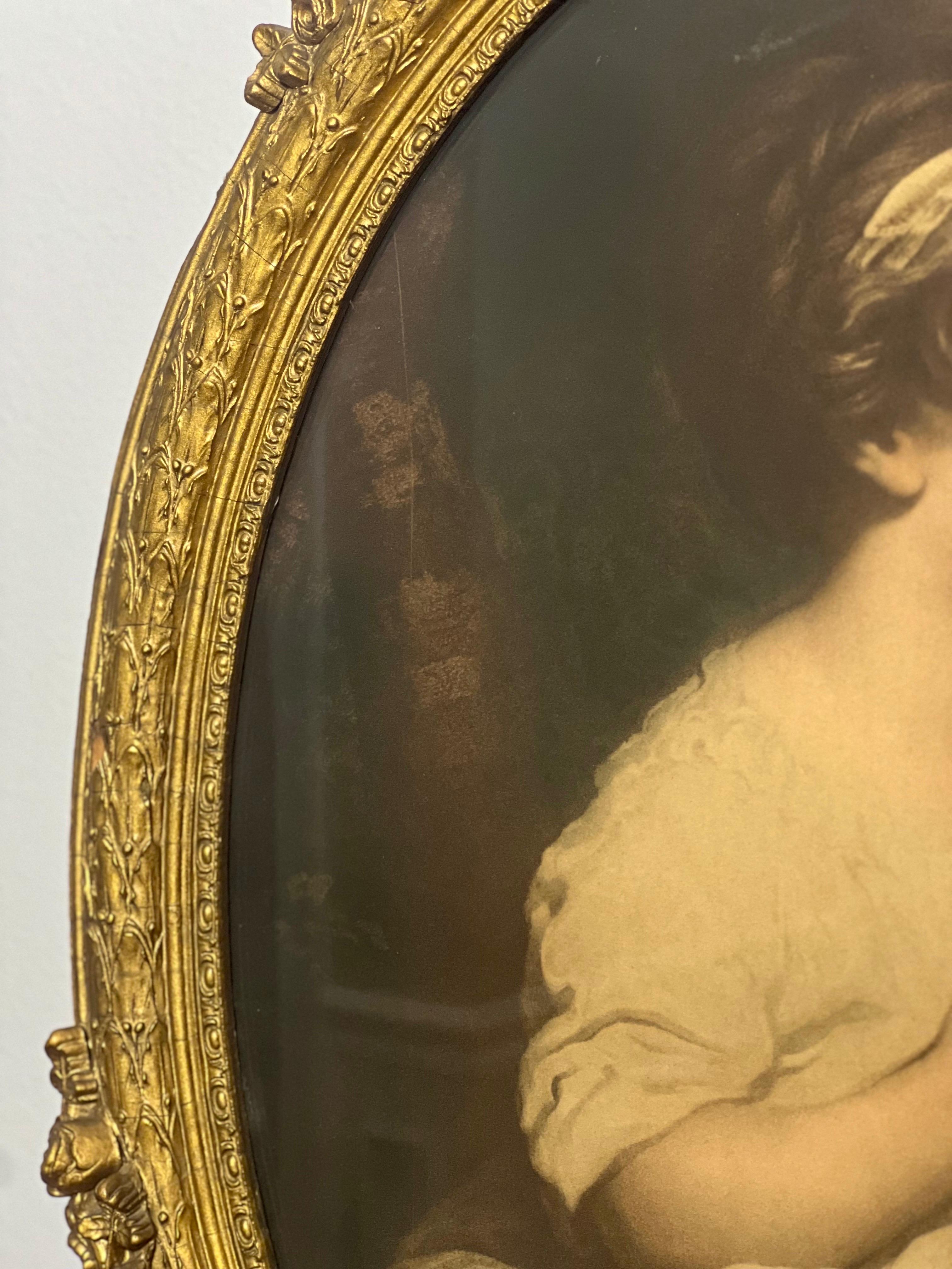 Miroir Trumeau Louis XVI du 19ème siècle en bois doré étroit avec lithographie d'une fille en vente 4
