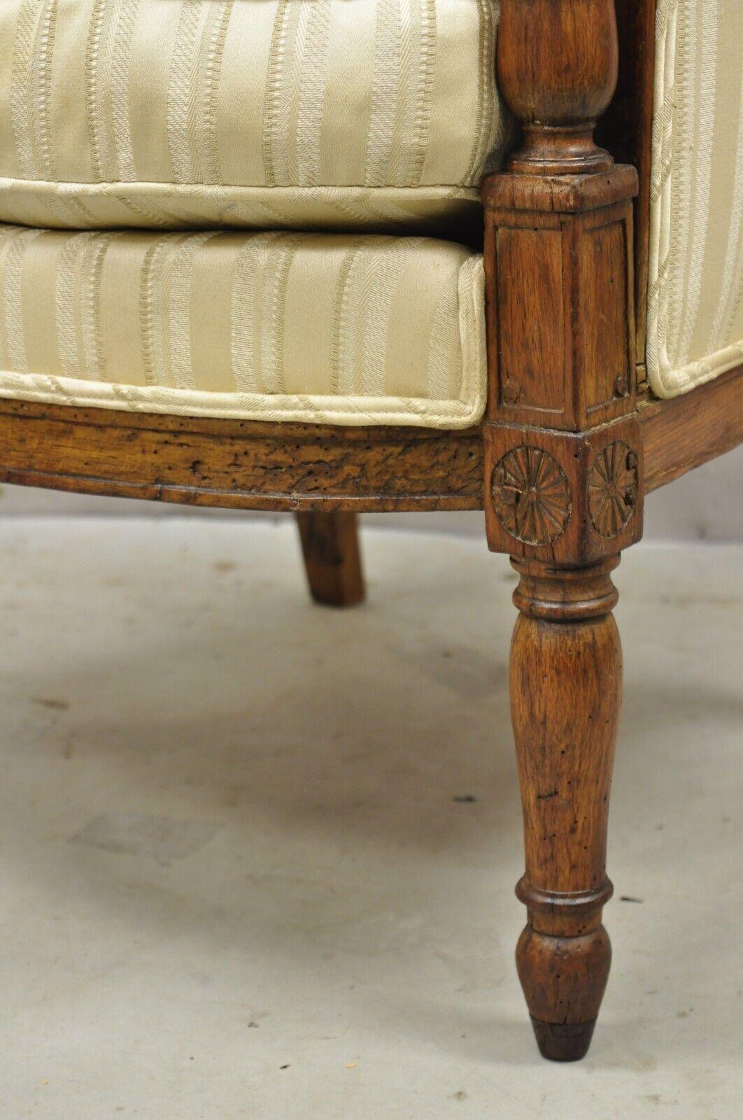 19th C. French Louis XVI Neoclassical Style Walnut Bergere Club Lounge Armchair For Sale 1