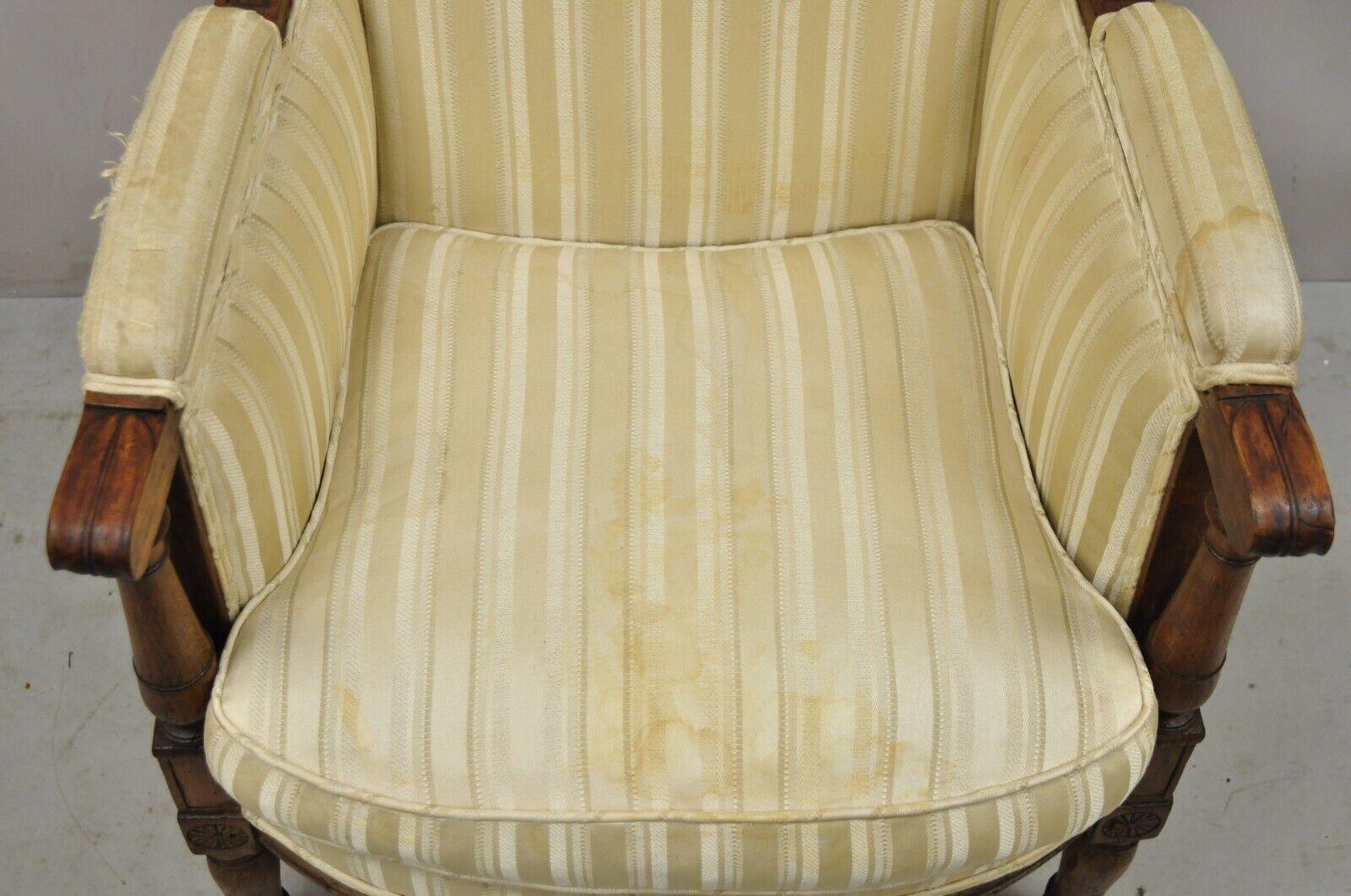 19th C. French Louis XVI Neoclassical Style Walnut Bergere Club Lounge Armchair For Sale 2