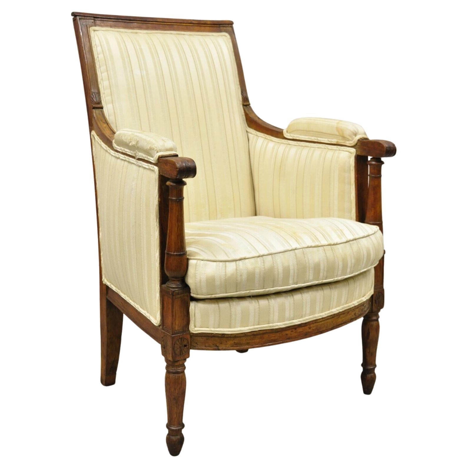 19th C. French Louis XVI Neoclassical Style Walnut Bergere Club Lounge Armchair