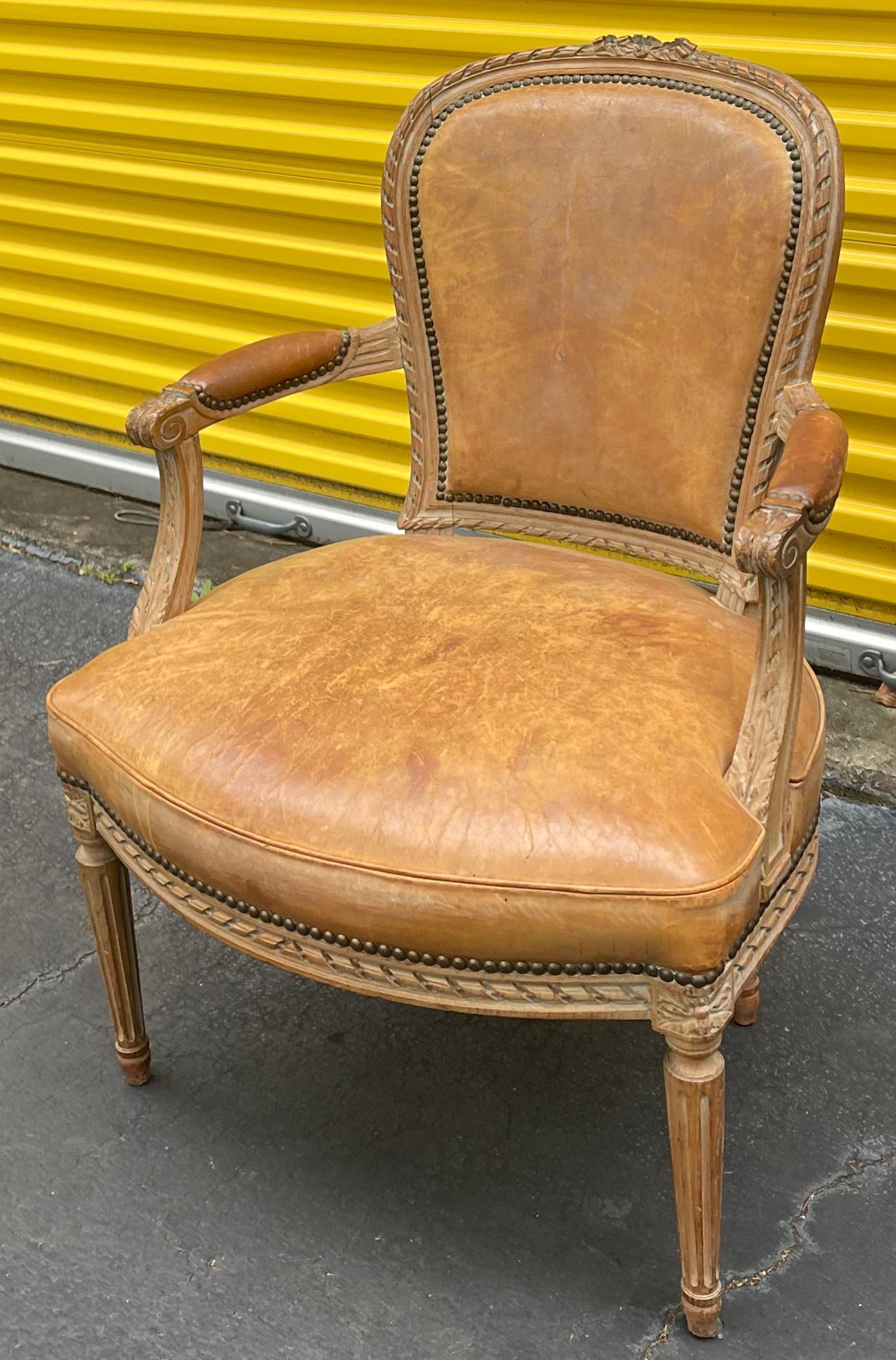 19th-C. French Louis XVI Style Carved and Cerused Writing Desk and Leather Chair 8