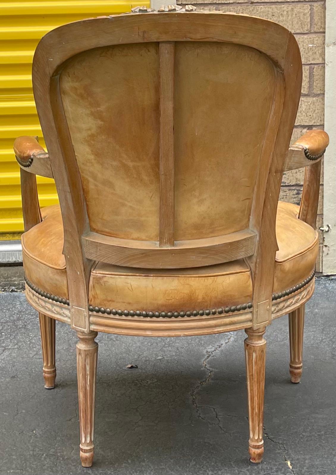 19th-C. French Louis XVI Style Carved and Cerused Writing Desk and Leather Chair 12