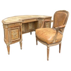 19th-C. French Louis XVI Style Carved and Cerused Writing Desk and Leather Chair