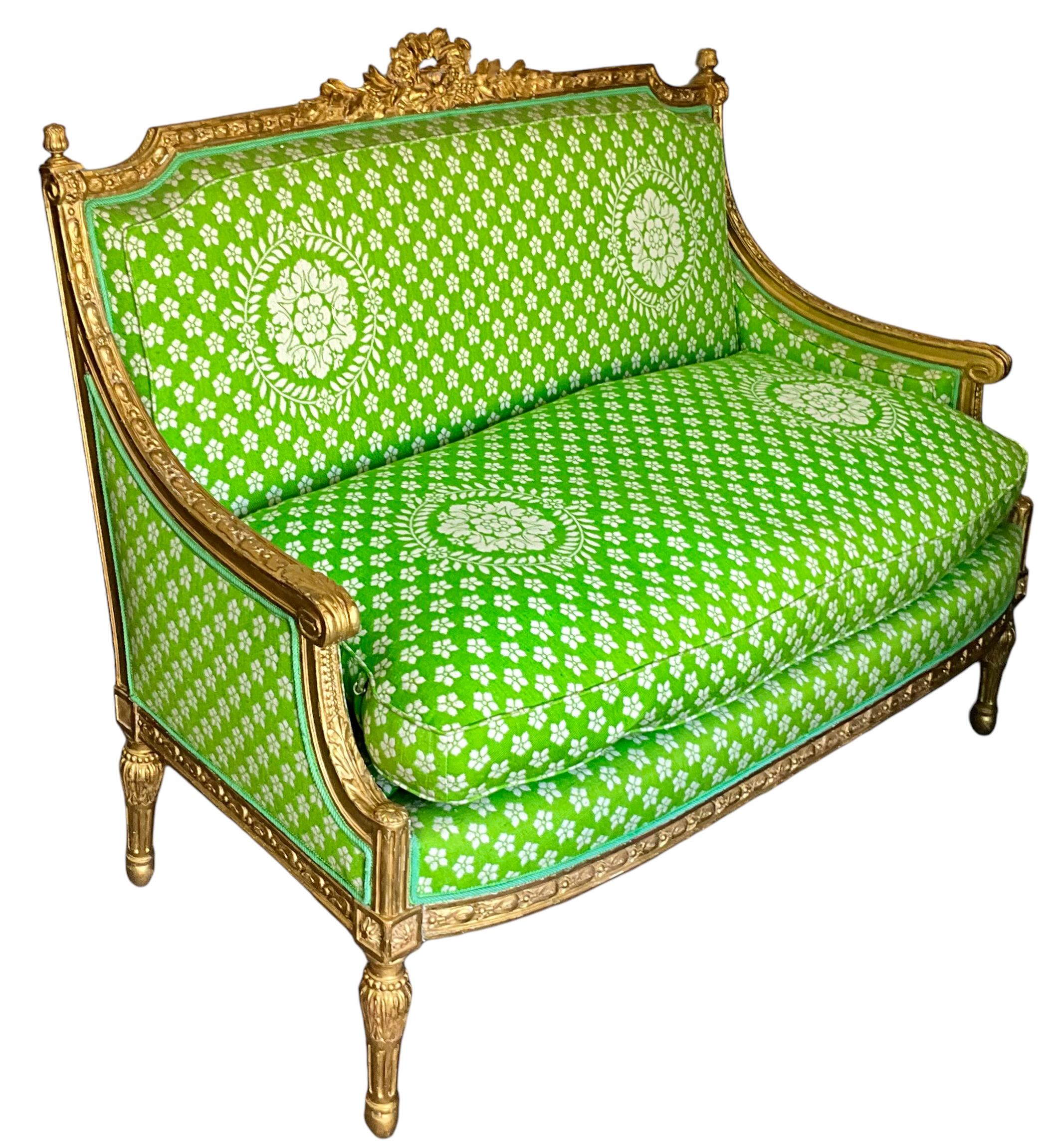 Upholstery 19th-C. French Louis XVI Style Carved Giltwood Settee With Down Cushion For Sale