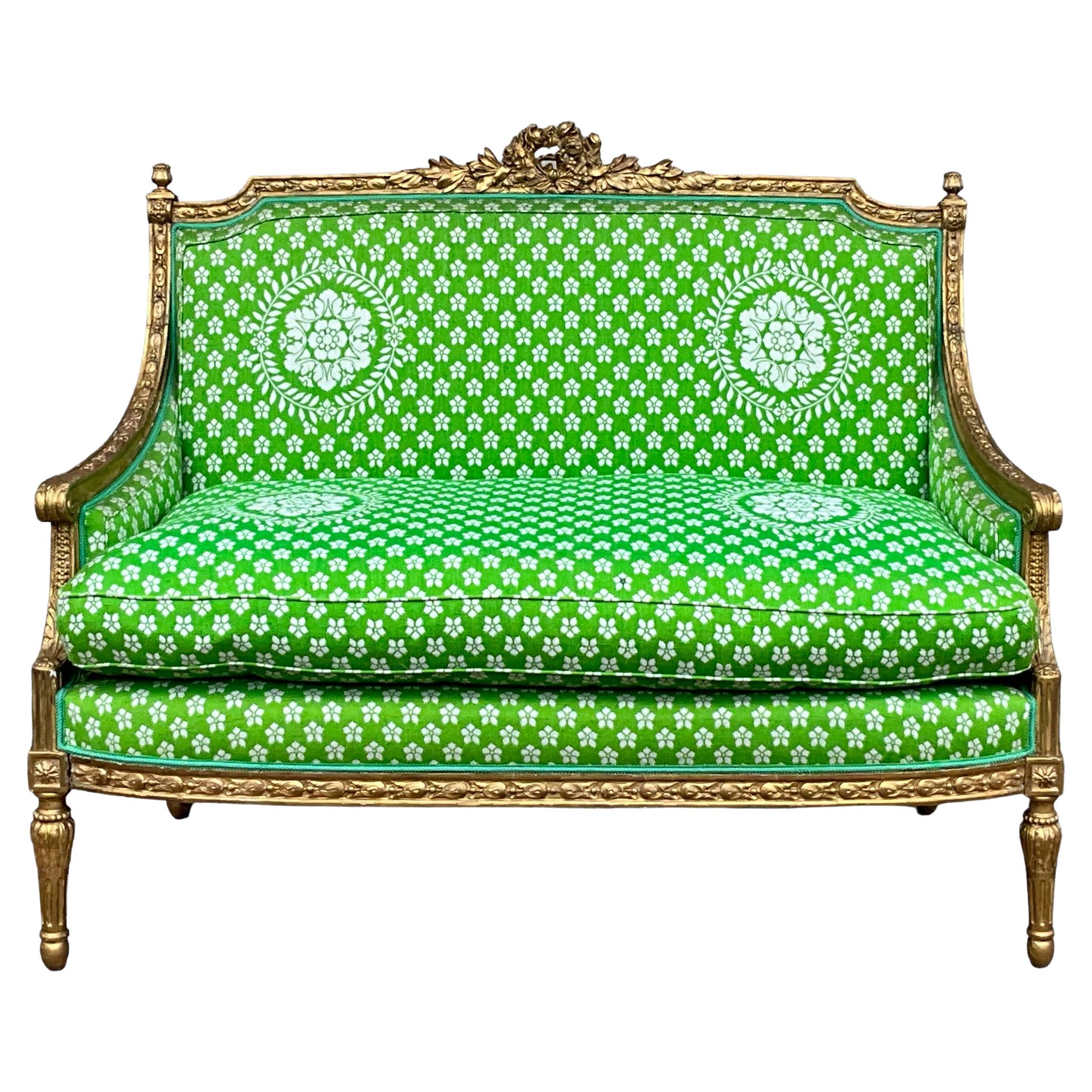 19th-C. French Louis XVI Style Carved Giltwood Settee With Down Cushion For Sale