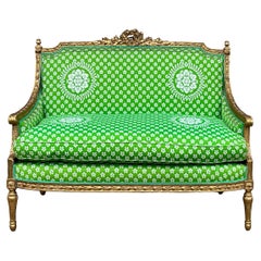 Used 19th-C. French Louis XVI Style Carved Giltwood Settee With Down Cushion