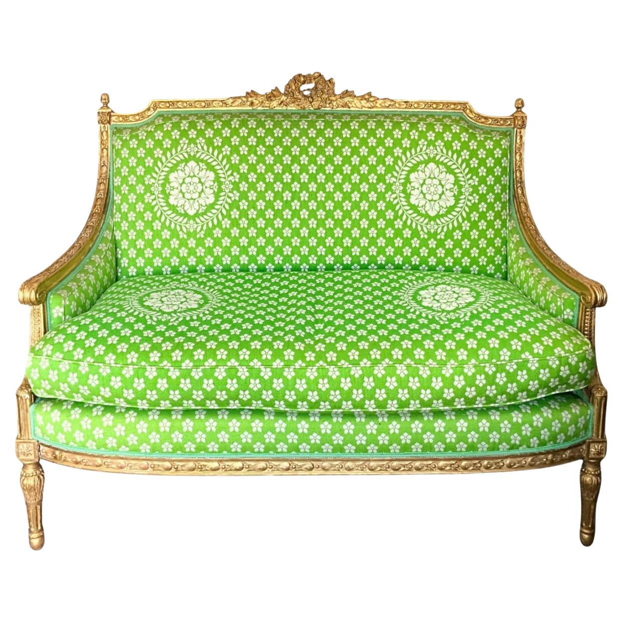 19th-C. French Louis XVI Style Carved Giltwood Settee With Down Cushion