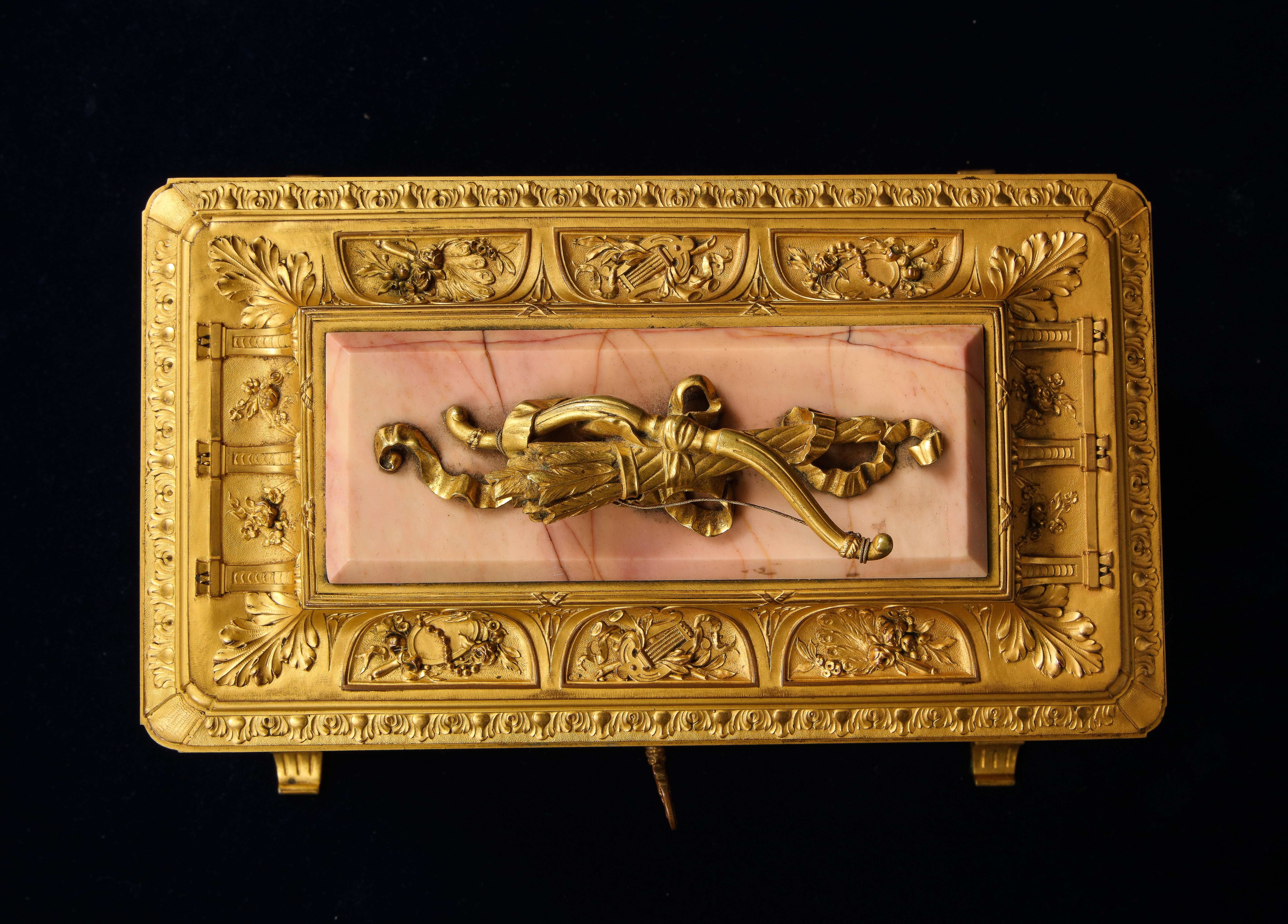 19th C. French Louis XVI Style Dore Bronze Mounted and Pink Marble Jewelry Box 6