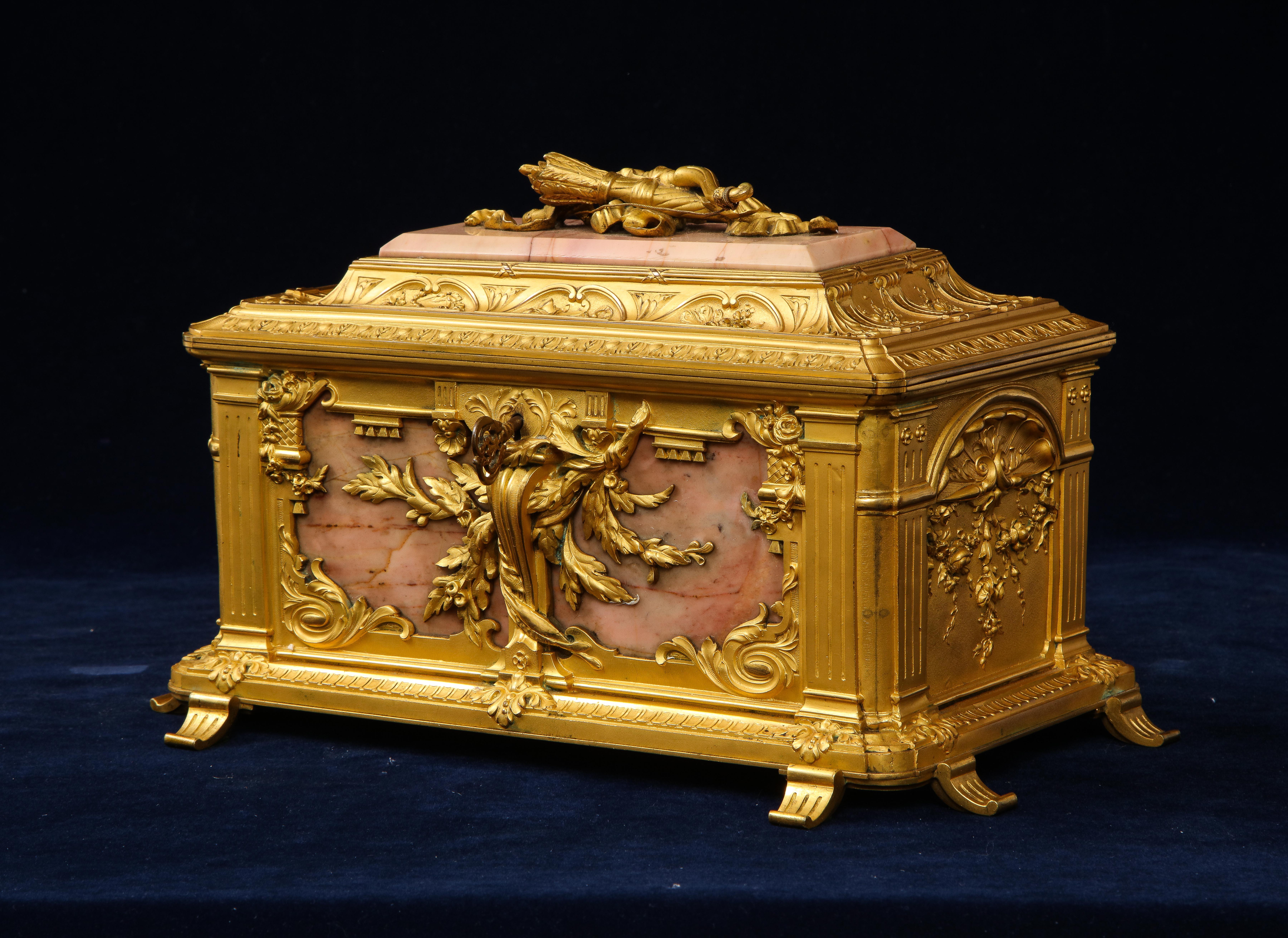 Hand-Carved 19th C. French Louis XVI Style Dore Bronze Mounted and Pink Marble Jewelry Box