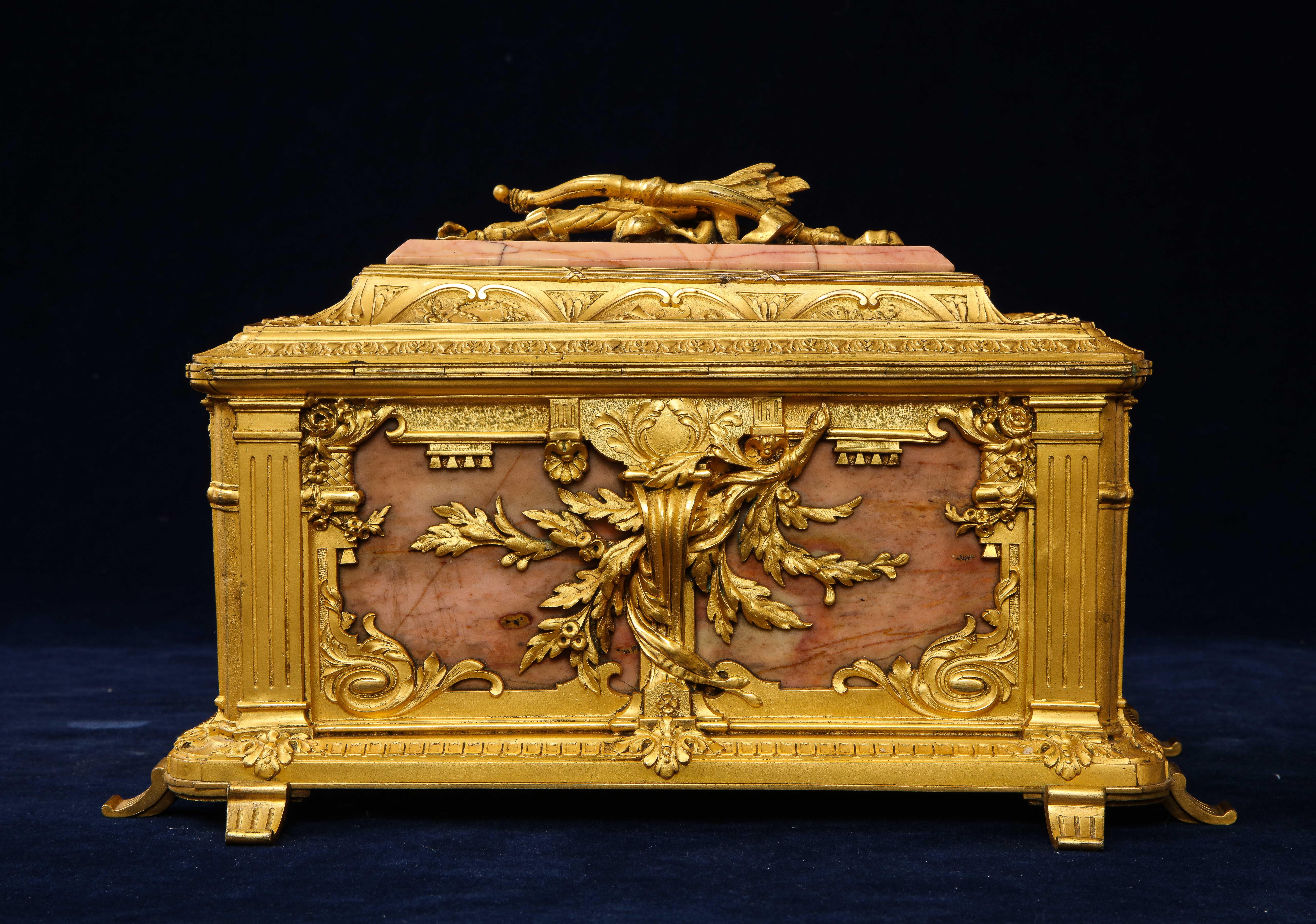 19th C. French Louis XVI Style Dore Bronze Mounted and Pink Marble Jewelry Box In Good Condition In New York, NY