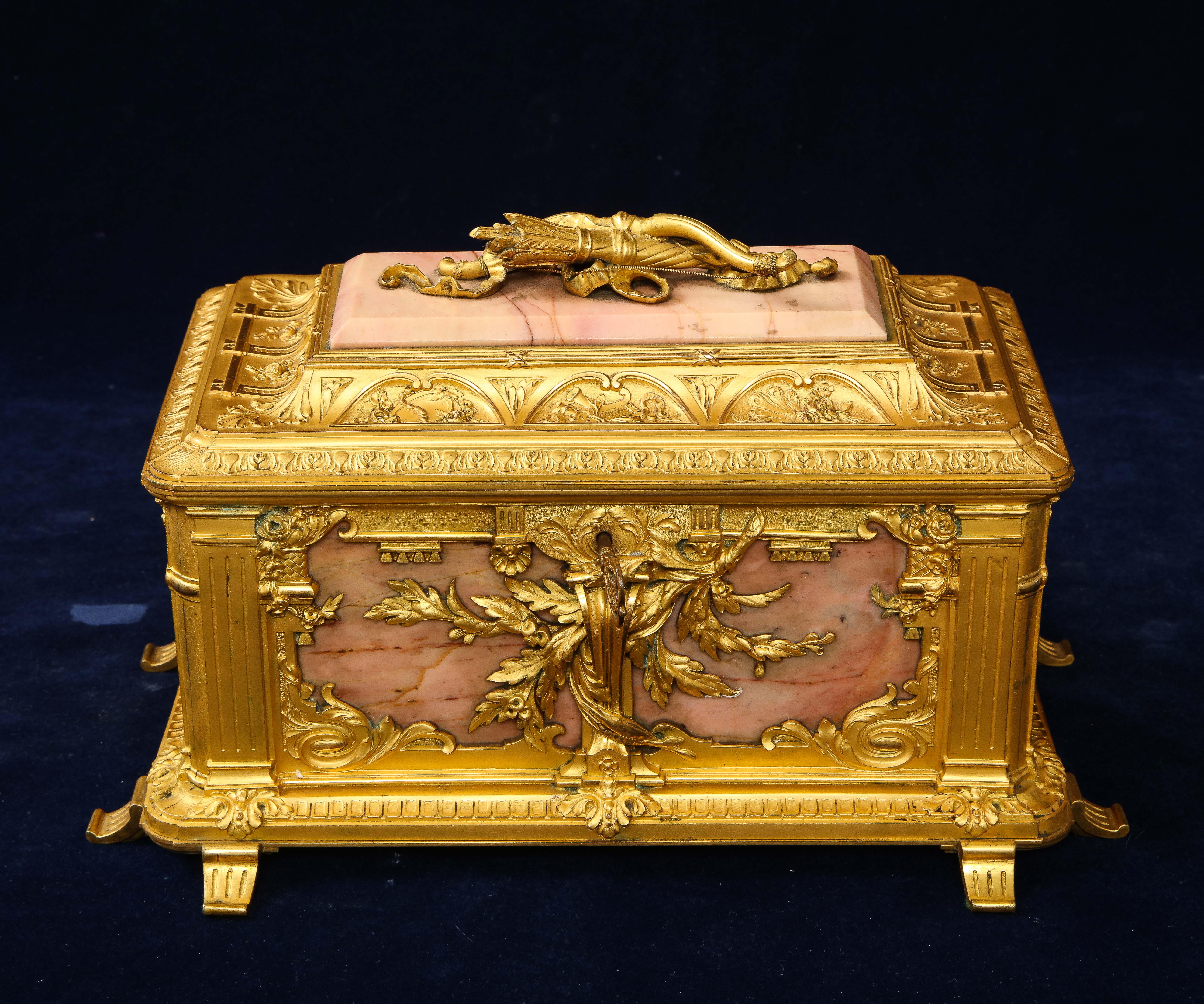 19th Century 19th C. French Louis XVI Style Dore Bronze Mounted and Pink Marble Jewelry Box