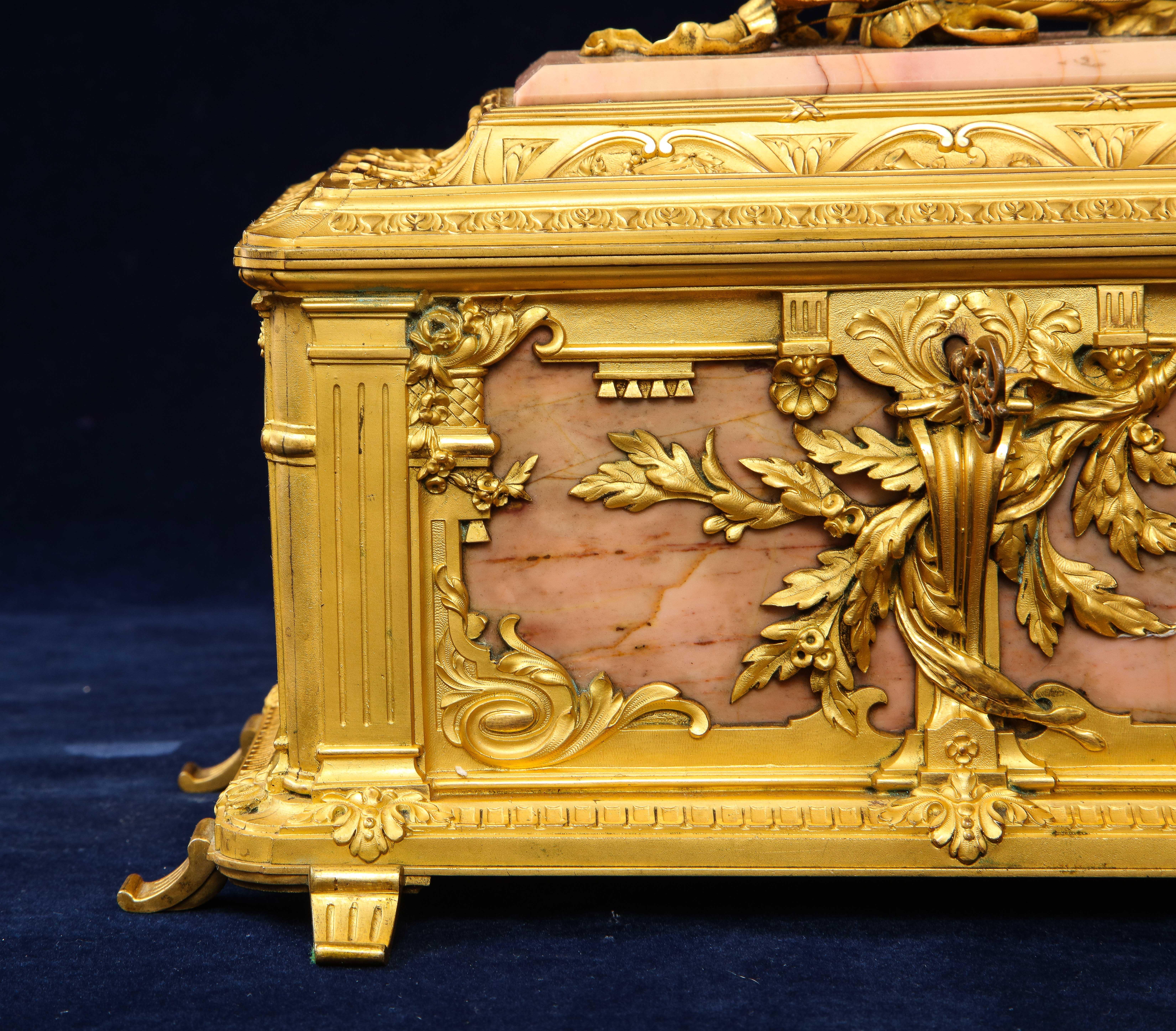 19th C. French Louis XVI Style Dore Bronze Mounted and Pink Marble Jewelry Box 1