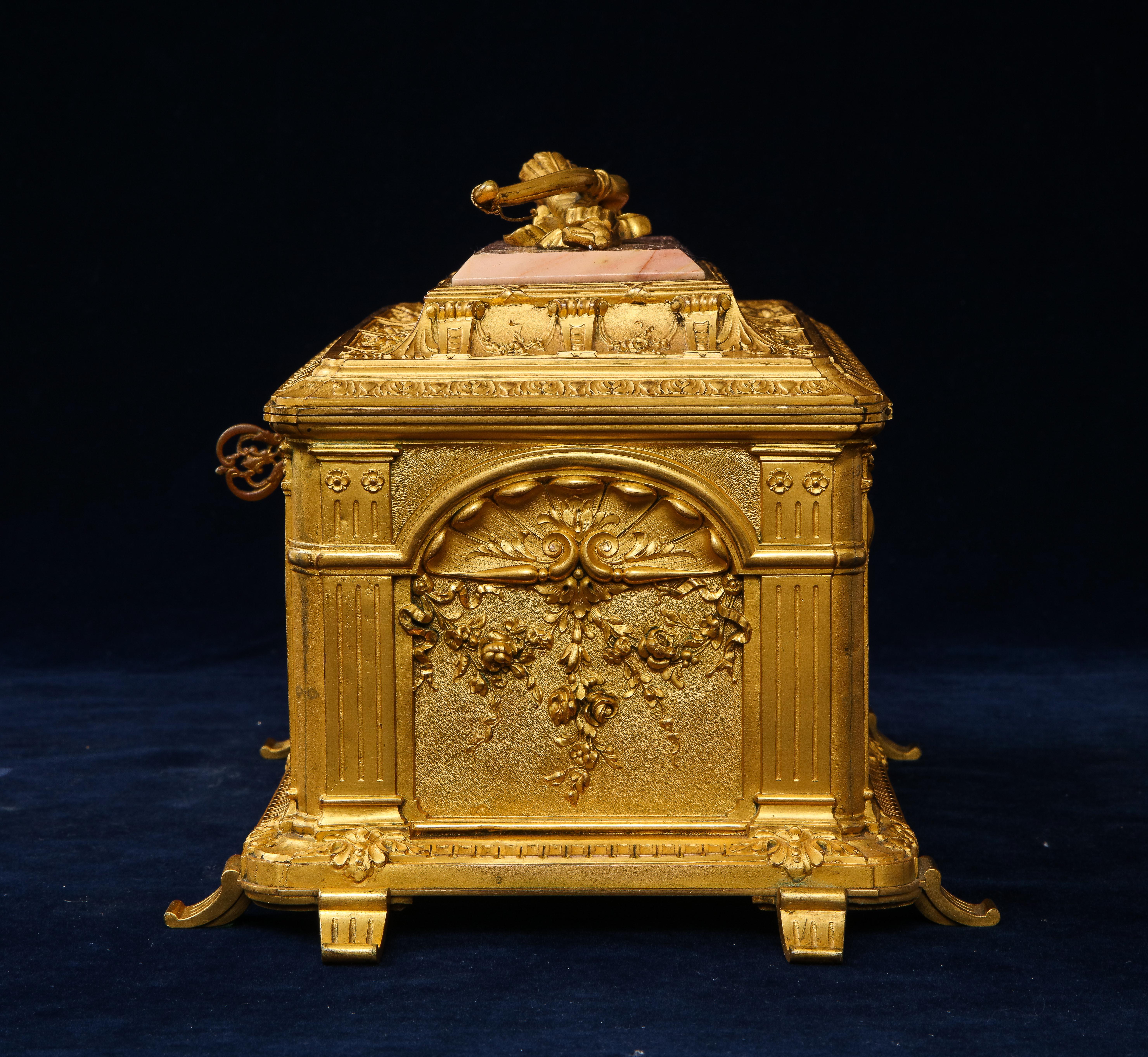 19th C. French Louis XVI Style Dore Bronze Mounted and Pink Marble Jewelry Box 3