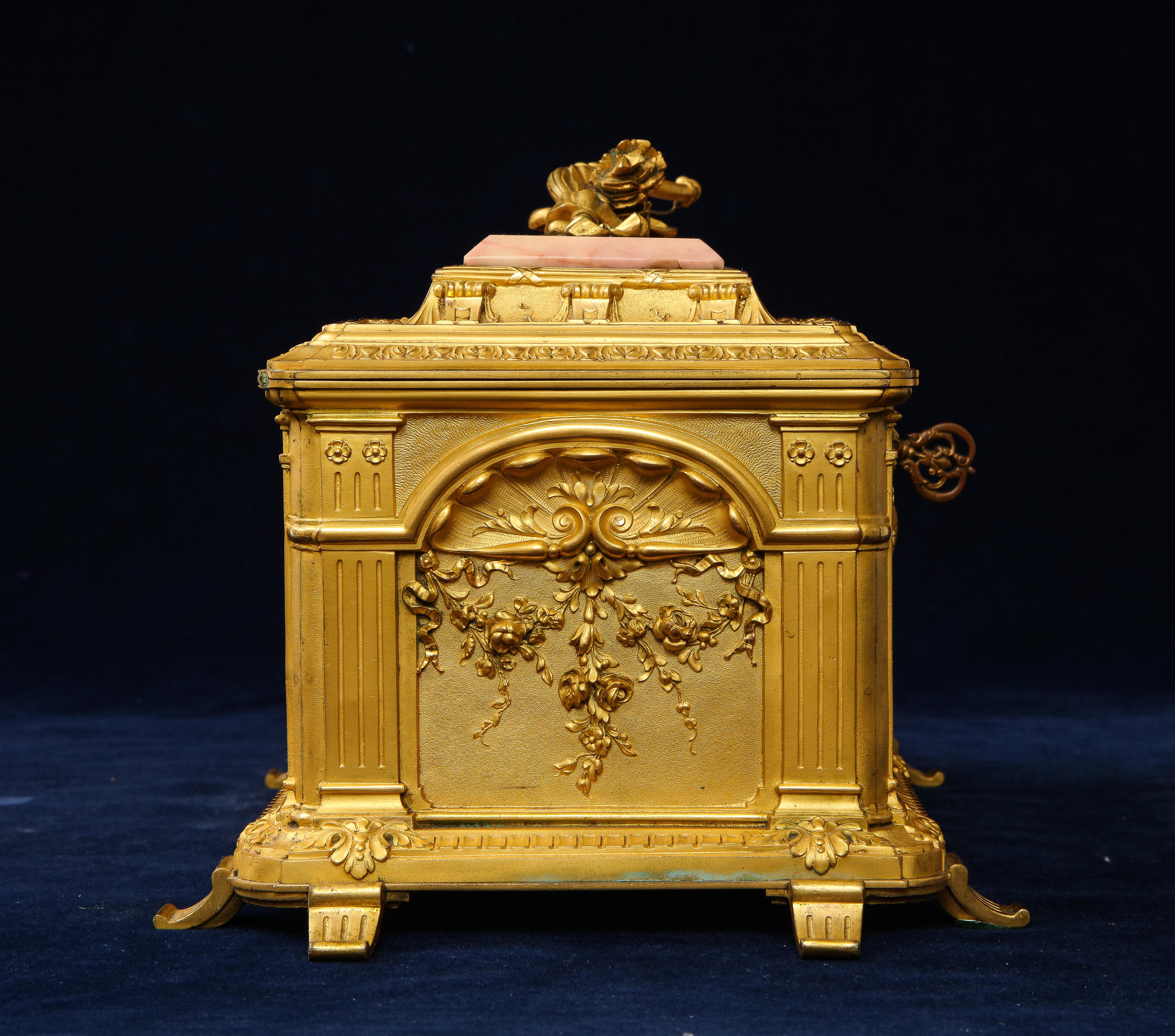 19th C. French Louis XVI Style Dore Bronze Mounted and Pink Marble Jewelry Box 4