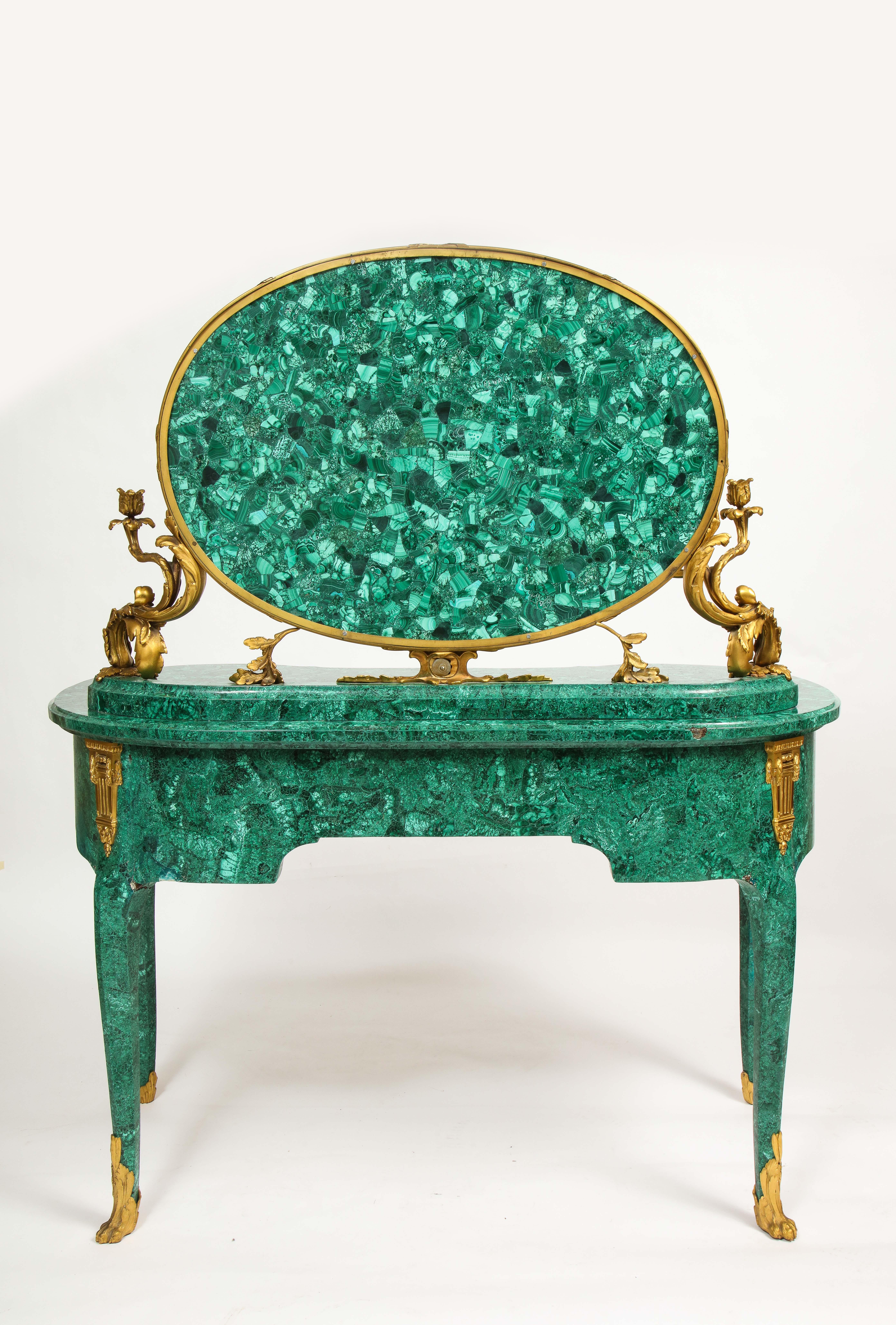 19th C. French Louis XVI Style Dore Bronze Mounted Mirrored Malachite Dresser For Sale 9