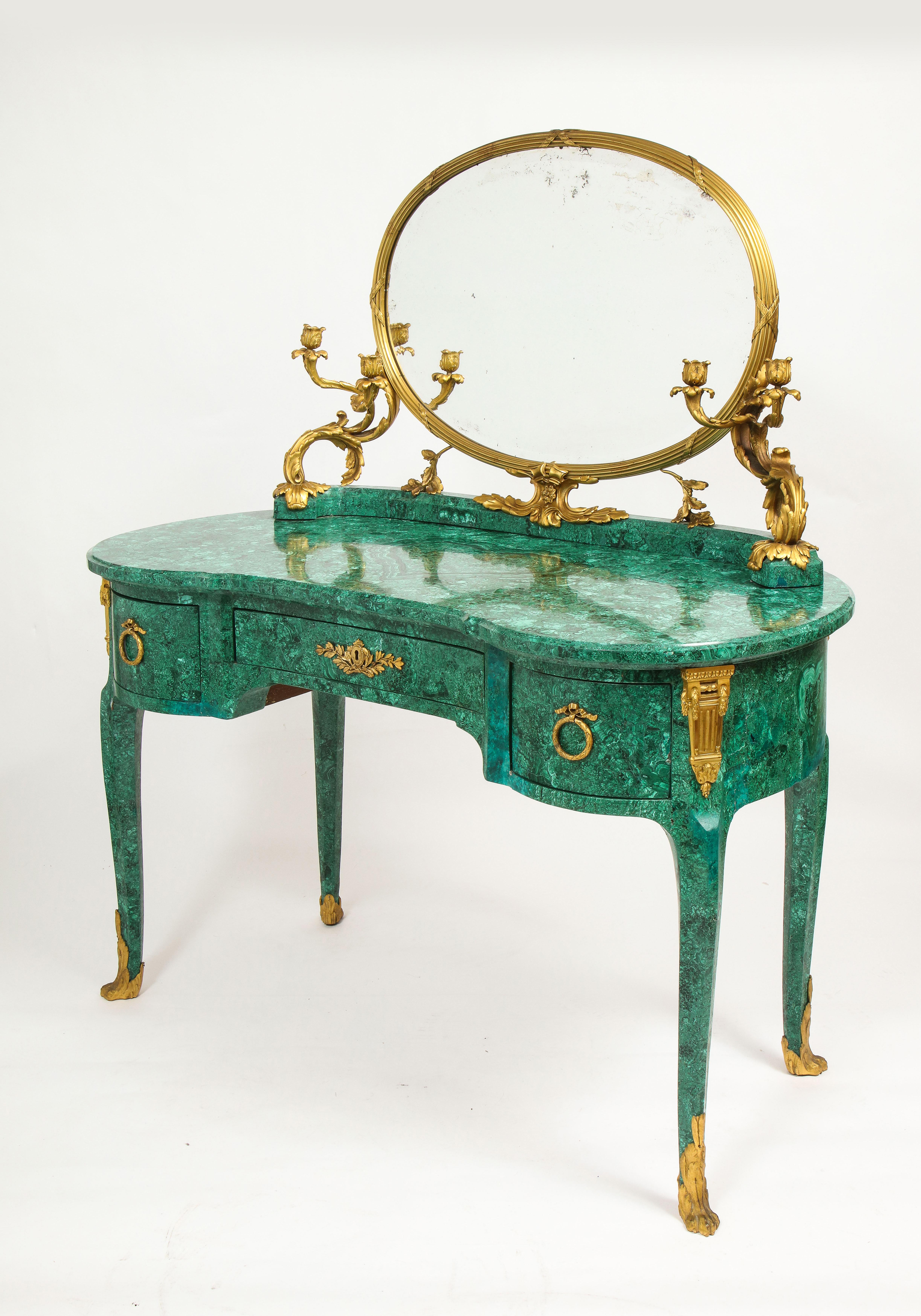 Hand-Carved 19th C. French Louis XVI Style Dore Bronze Mounted Mirrored Malachite Dresser For Sale