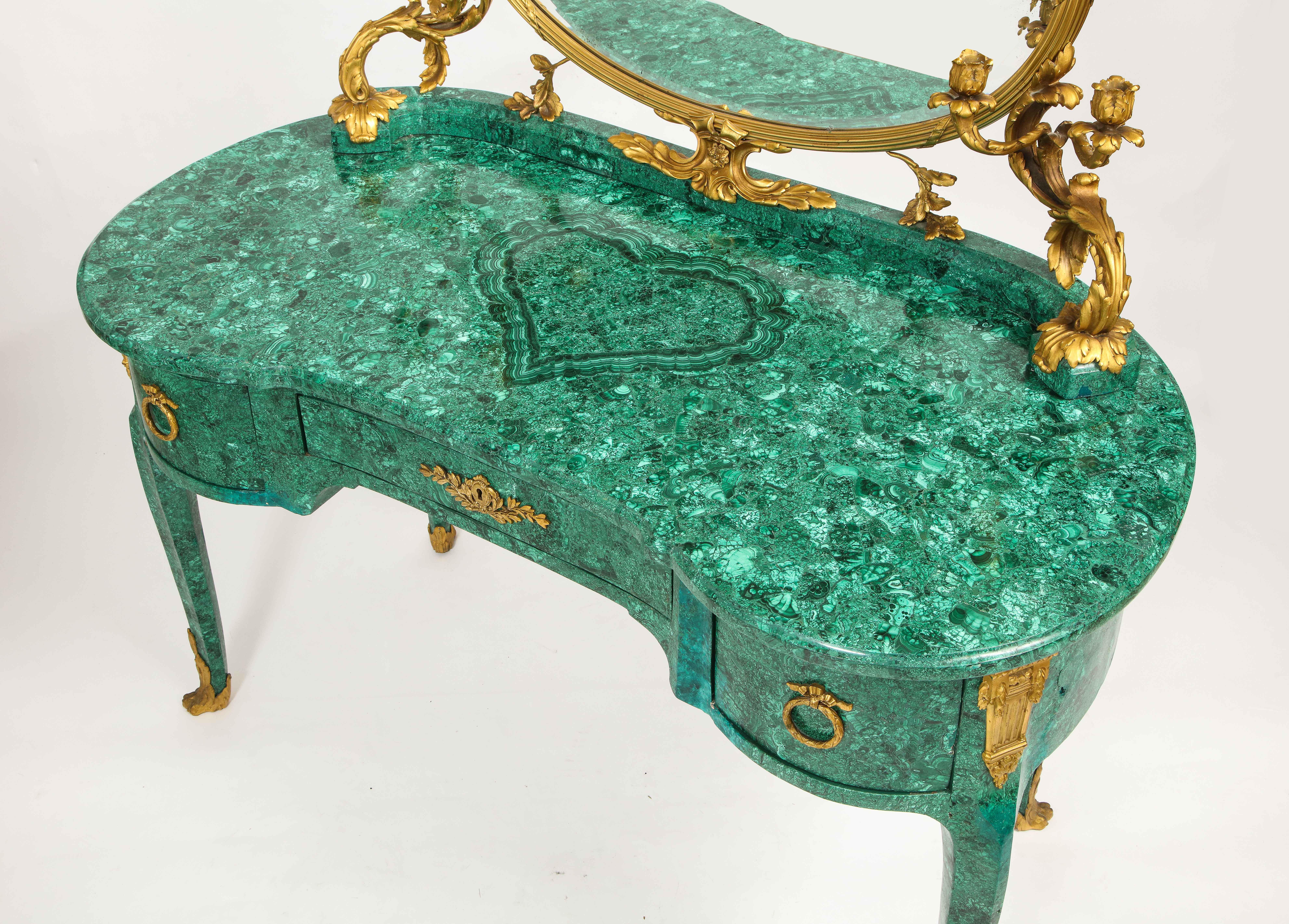 19th Century 19th C. French Louis XVI Style Dore Bronze Mounted Mirrored Malachite Dresser For Sale