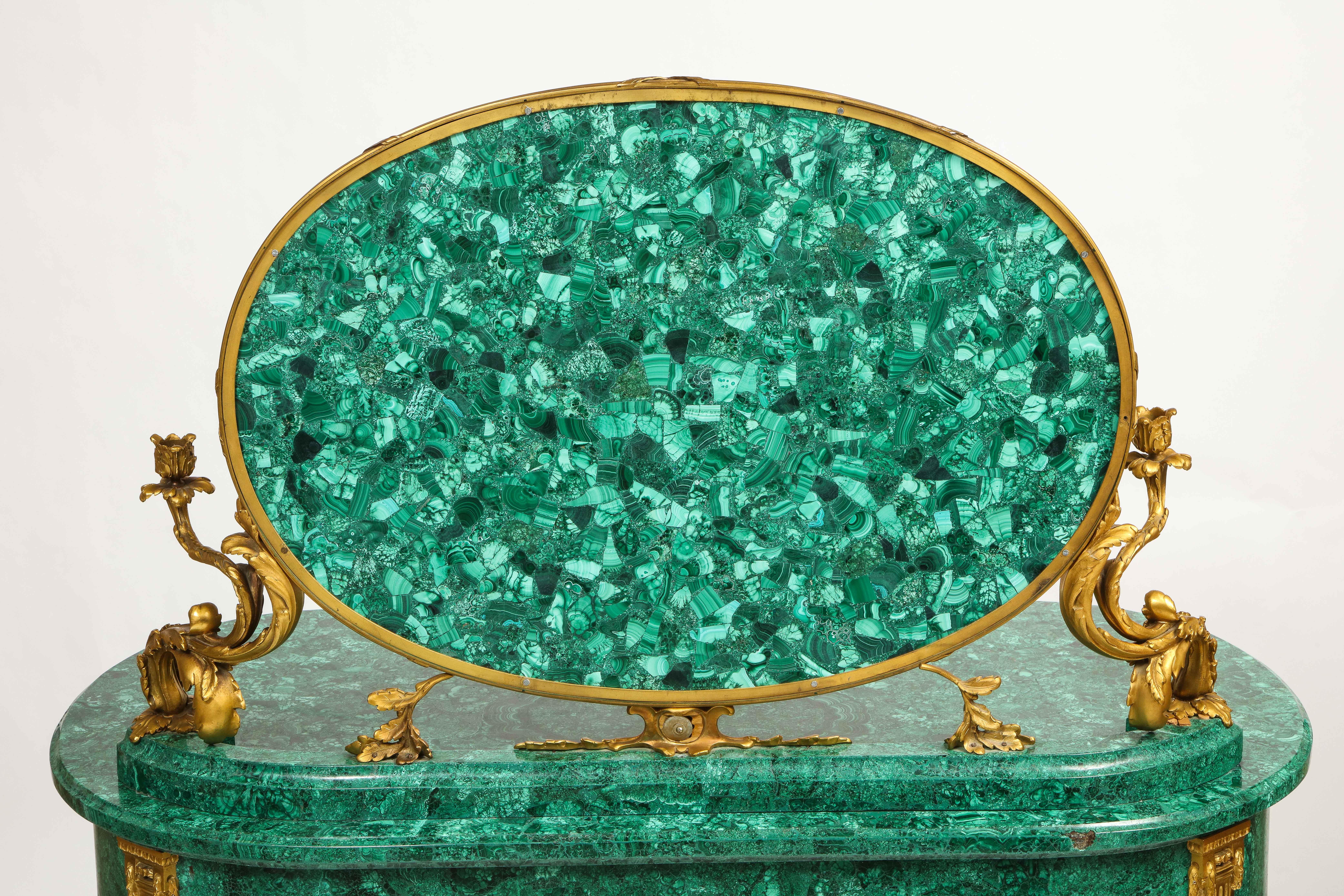 19th C. French Louis XVI Style Dore Bronze Mounted Mirrored Malachite Dresser For Sale 4