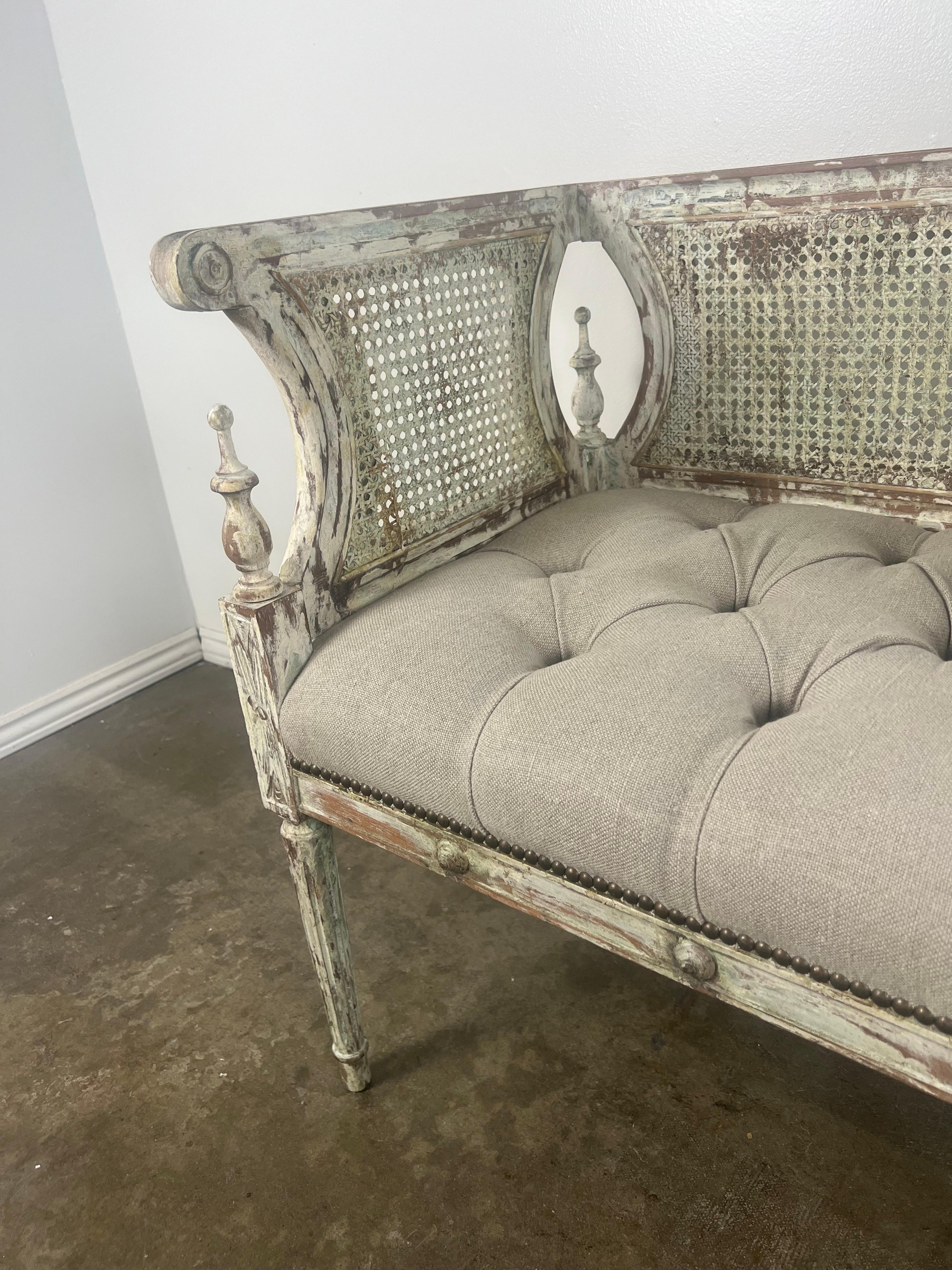 Linen 19th C. French Louis XVI Style Double Seat Bench