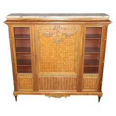19th c French Louis XVI Style Walnut Vitrine Cabinet, Marble Top