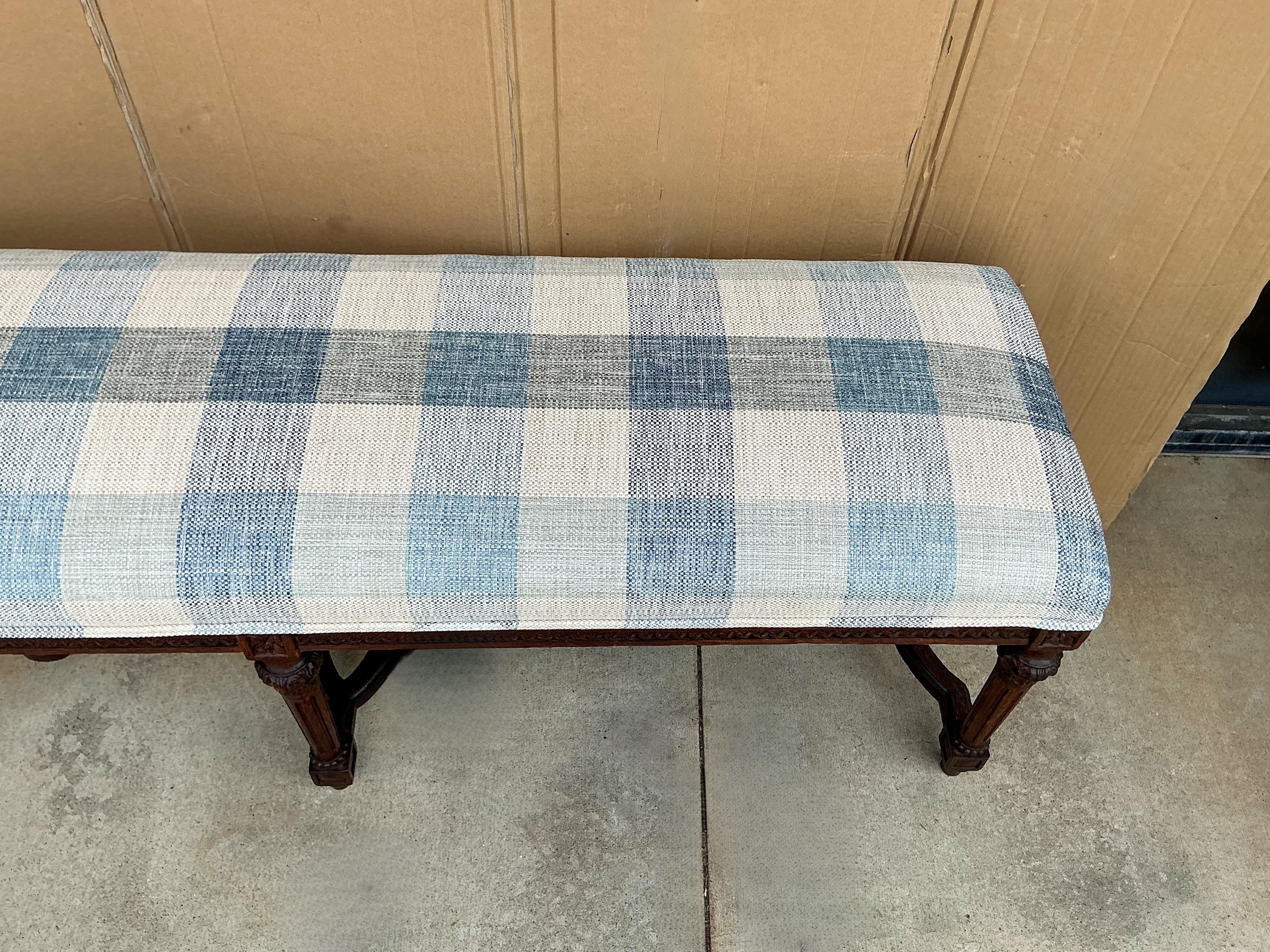 Upholstery 19th-C. French Louis XVI Style Fruitwood Bench / Ottoman In Blue & White Check